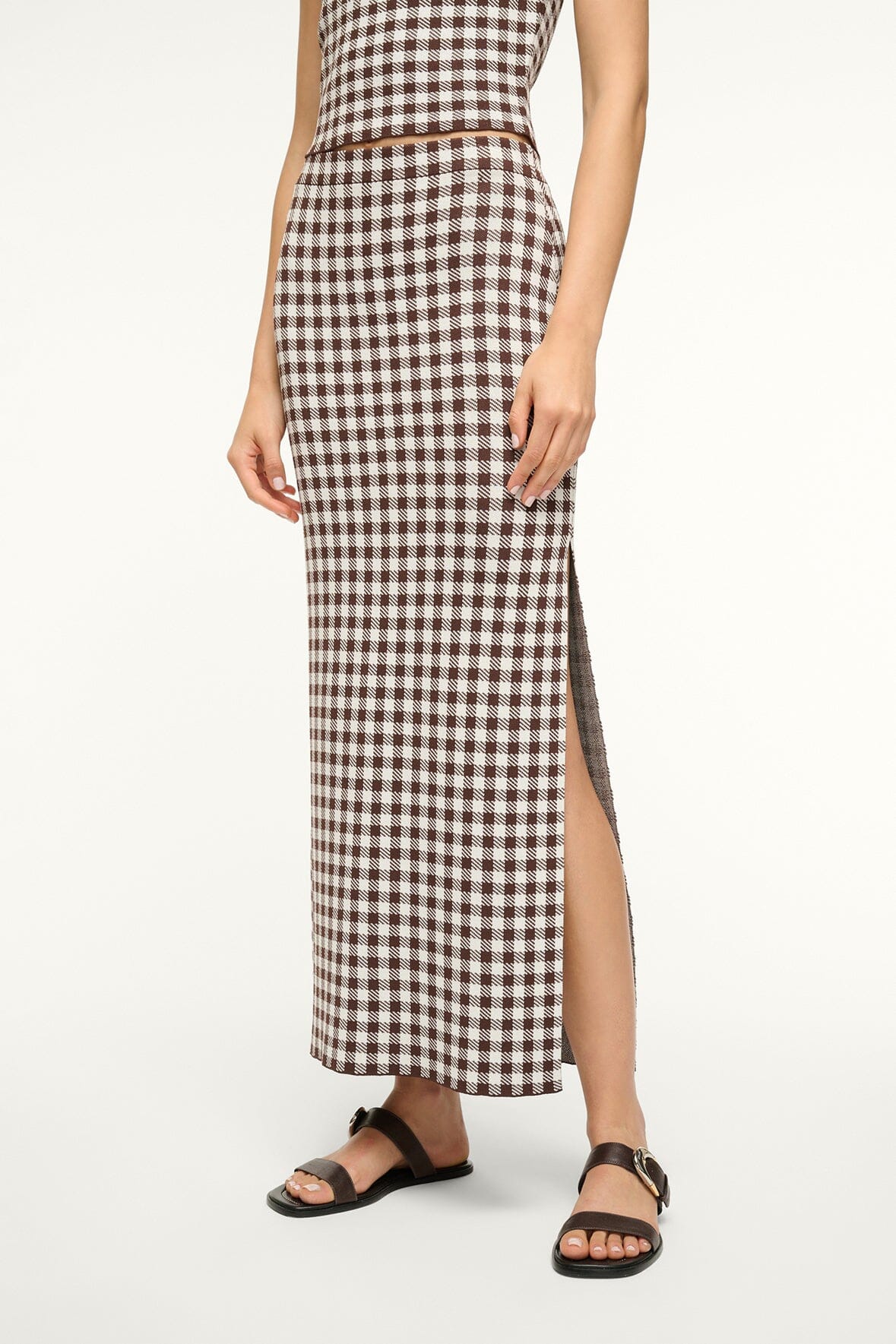 Karina Stretch Knit Gingham Skirt with Side Slit | Dark Chocolate