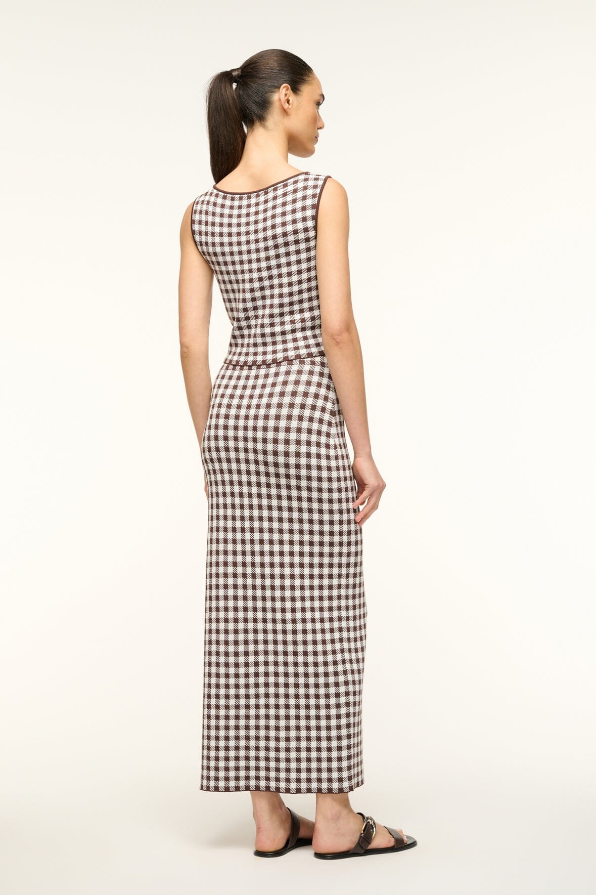 Karina Stretch Knit Gingham Skirt with Side Slit | Dark Chocolate