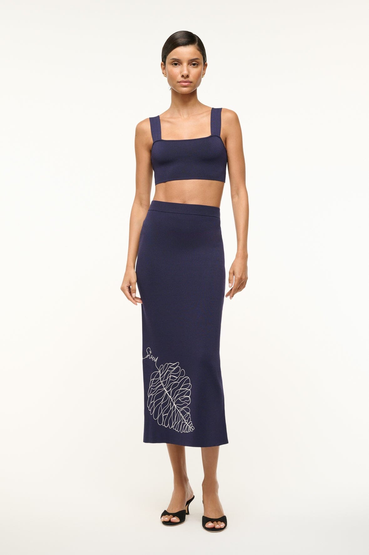Karina Stretch Knit Ankle-Length Skirt in Navy with Side Slit