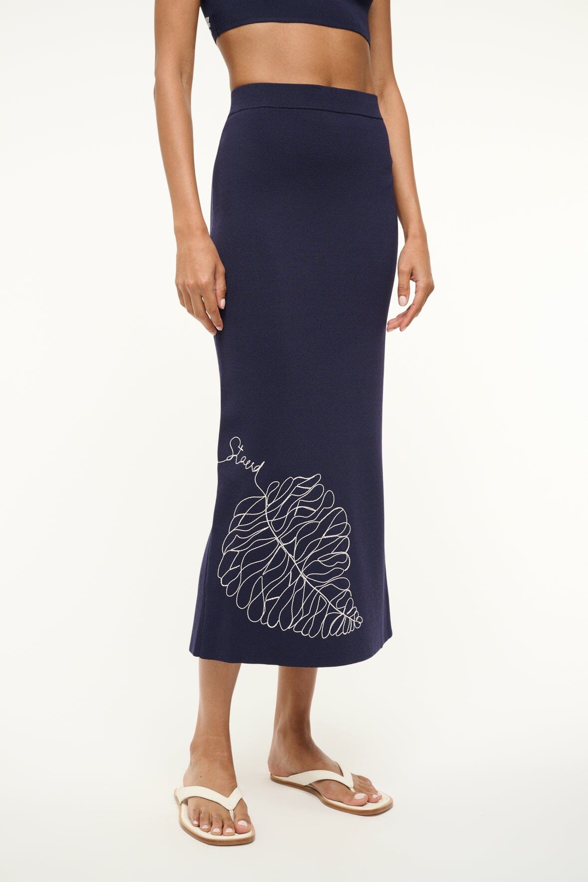 Karina Stretch Knit Ankle-Length Skirt in Navy with Side Slit