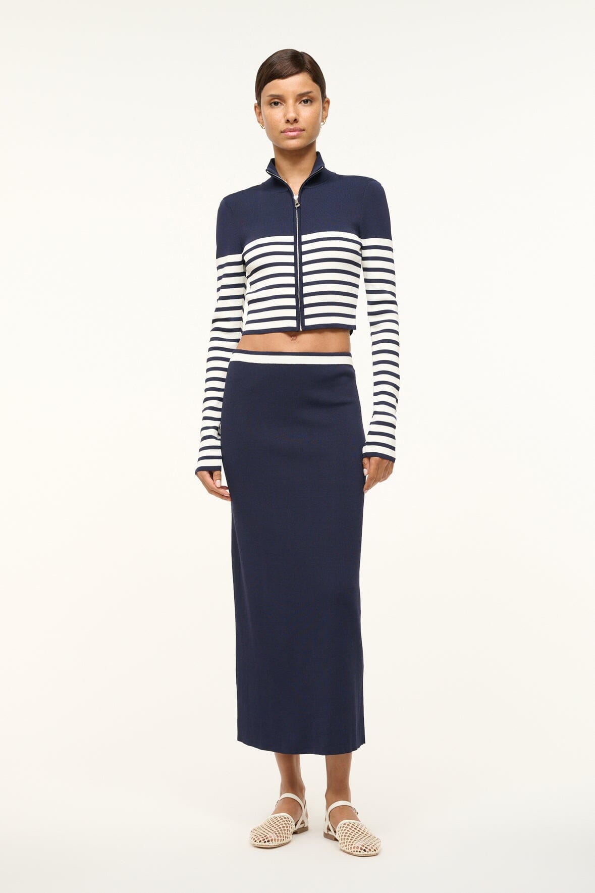 Karina Navy White Stretch Midi Skirt with Contrast Waistband