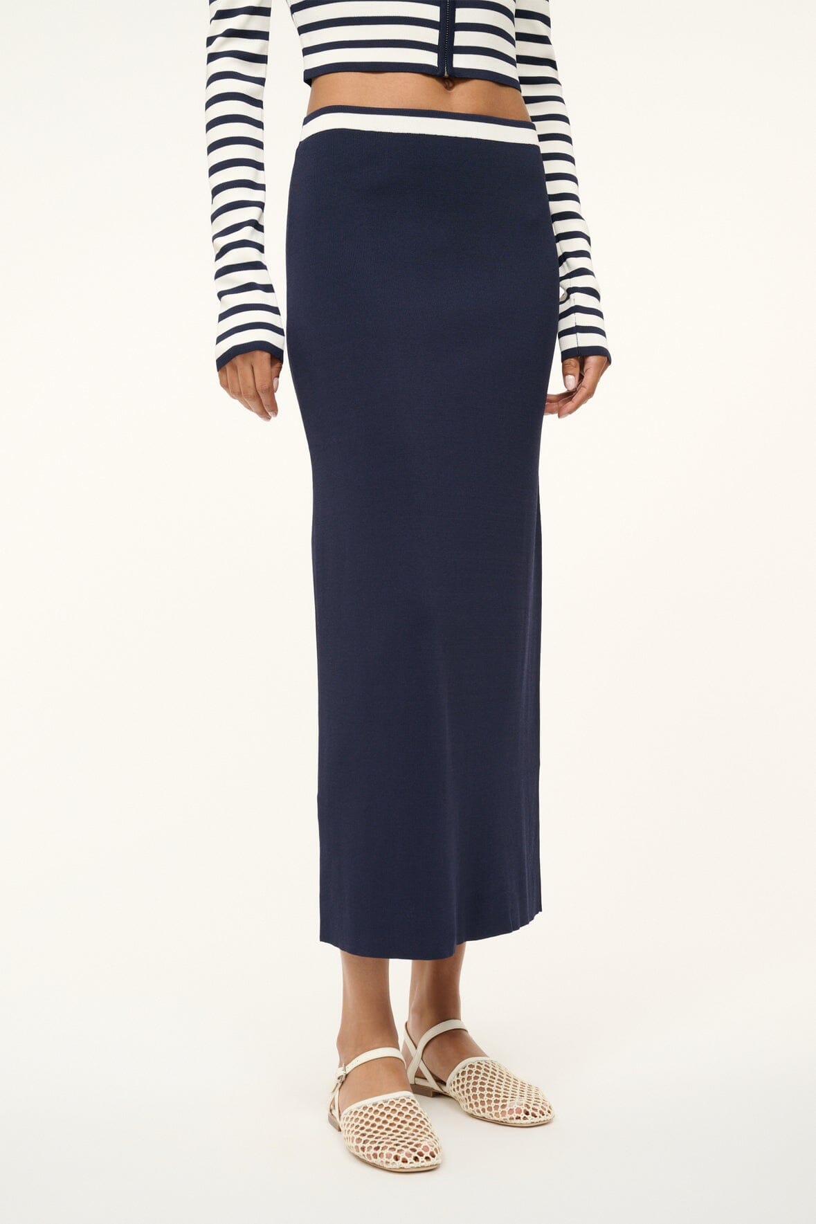 Karina Navy White Stretch Midi Skirt with Contrast Waistband