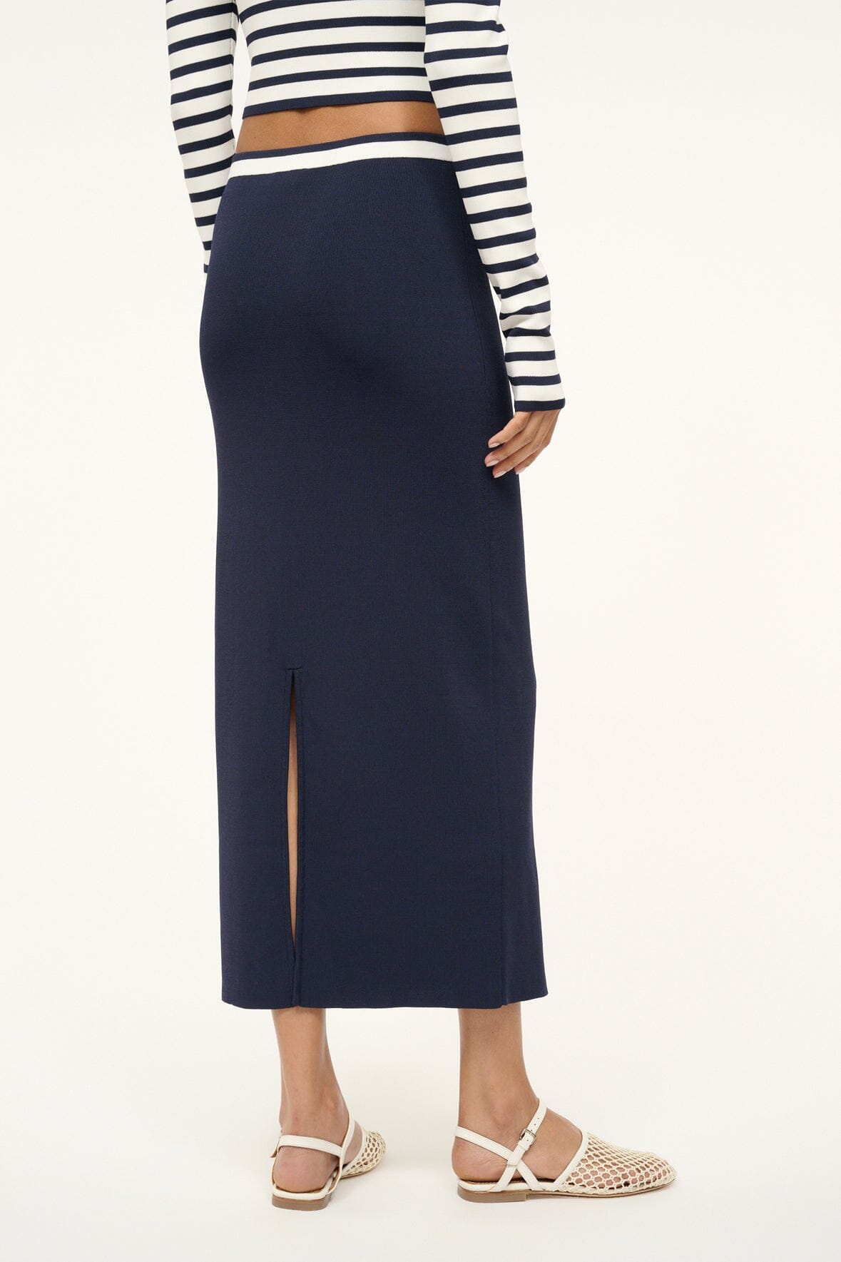 Karina Navy White Stretch Midi Skirt with Contrast Waistband