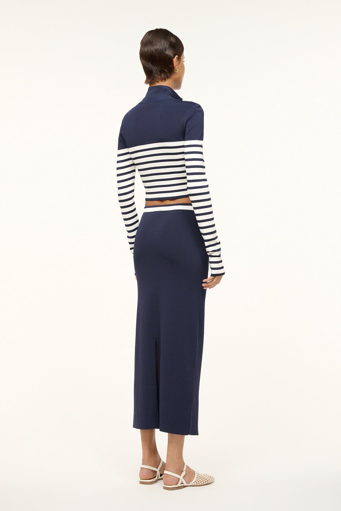 Karina Navy White Stretch Midi Skirt with Contrast Waistband