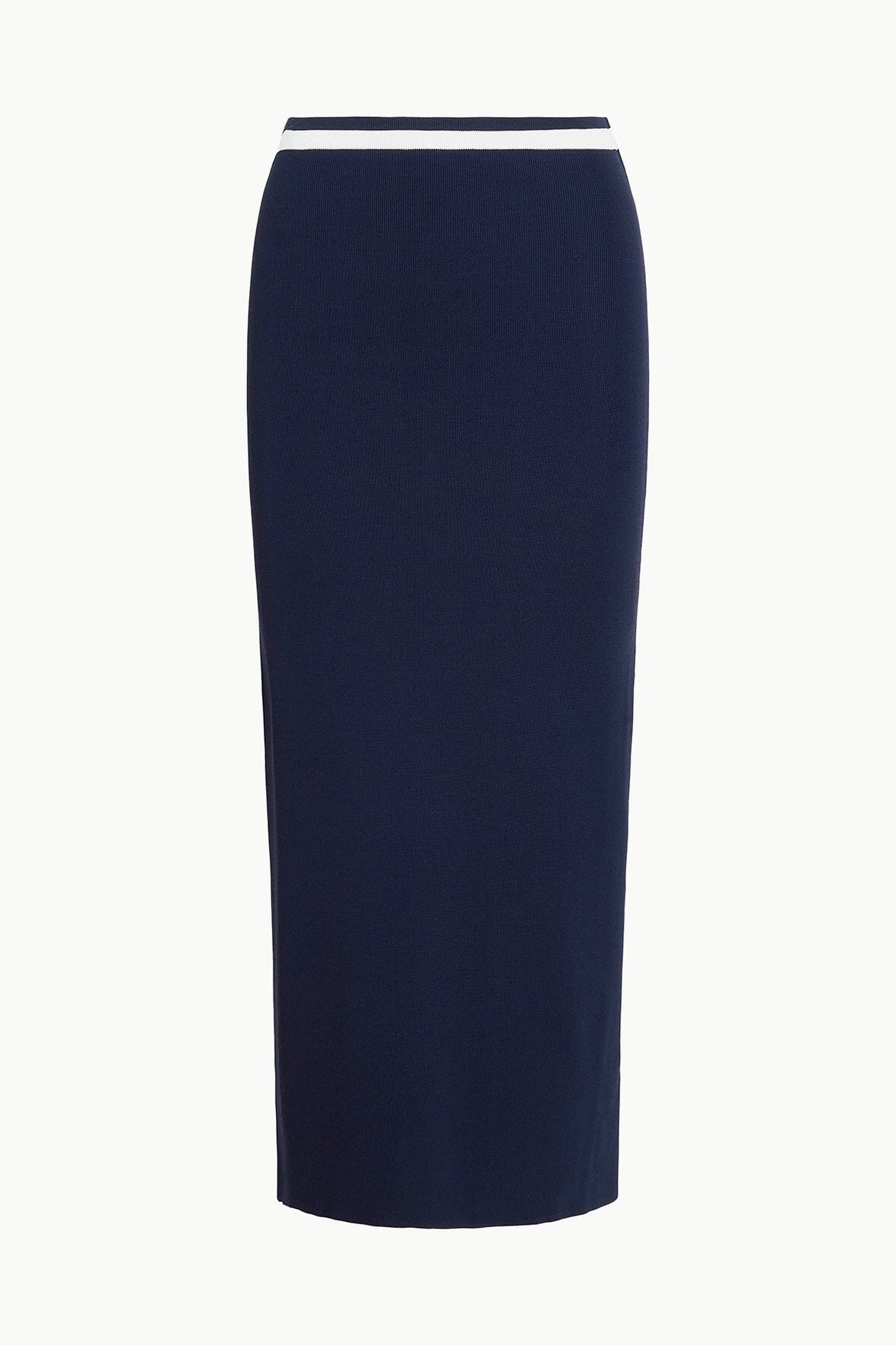Karina Navy White Stretch Midi Skirt with Contrast Waistband