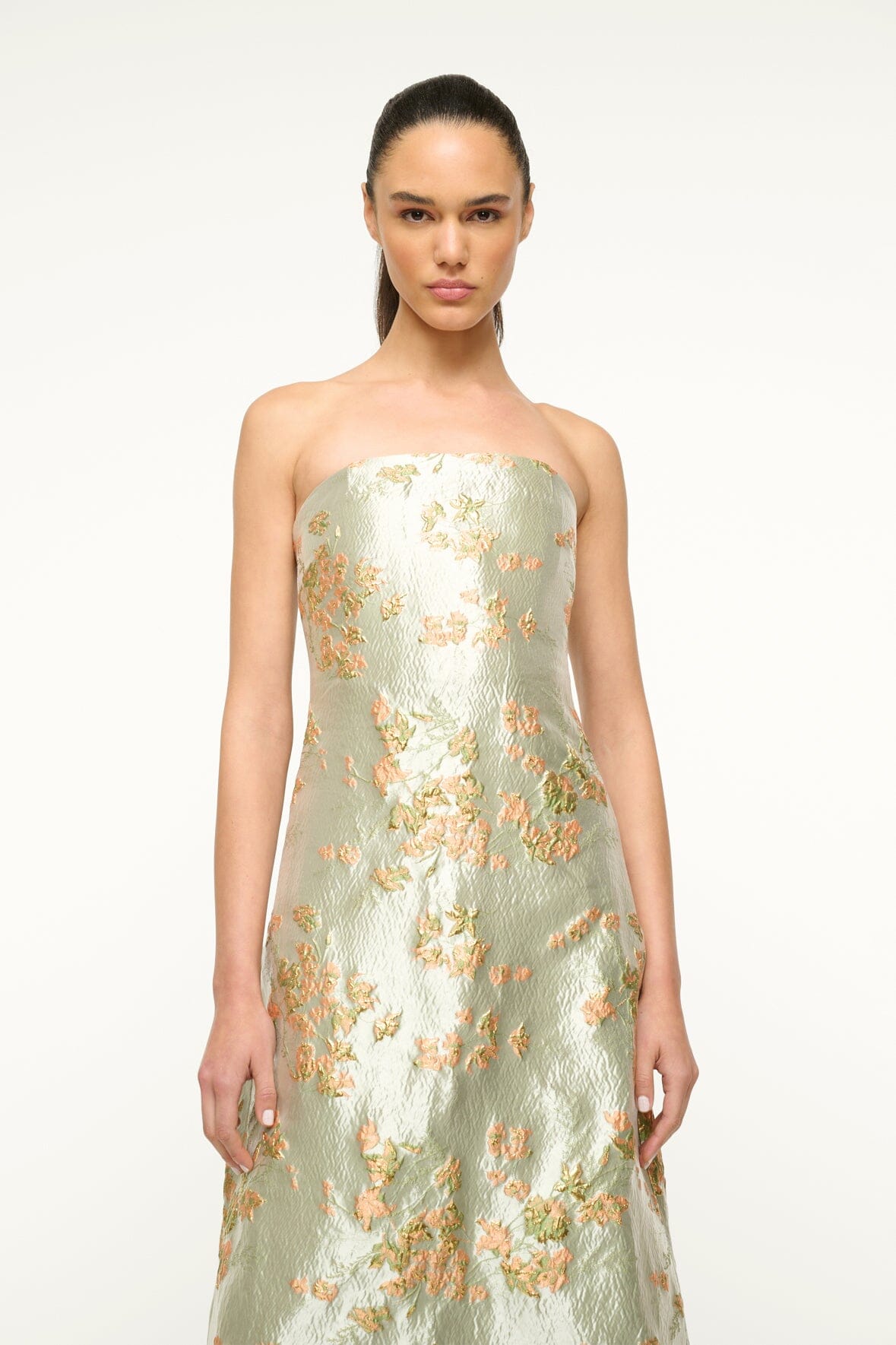 Kennedy Metallic Brocade Strapless Midi Gown for Special Occasions