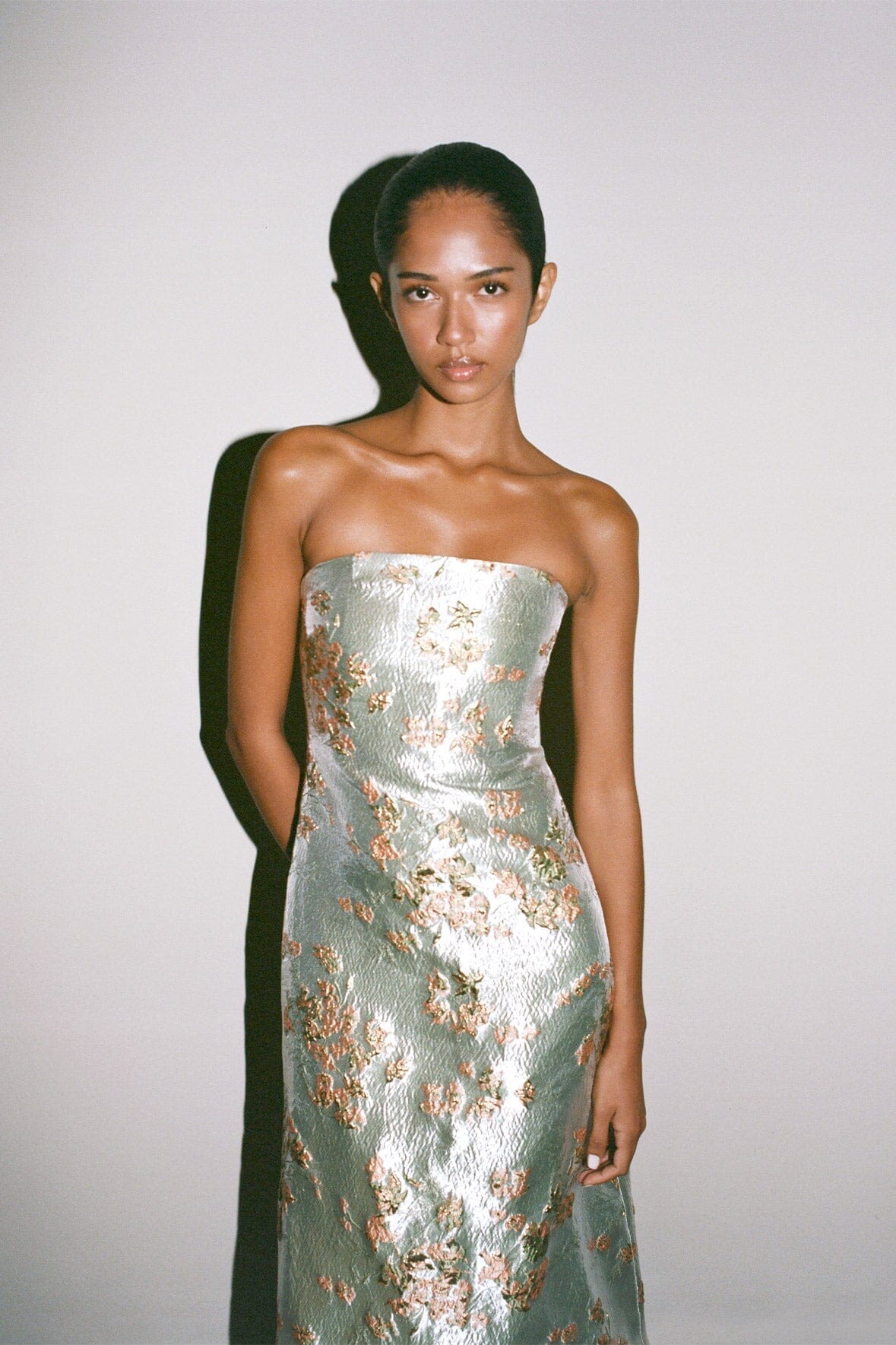 Kennedy Metallic Brocade Strapless Midi Gown for Special Occasions