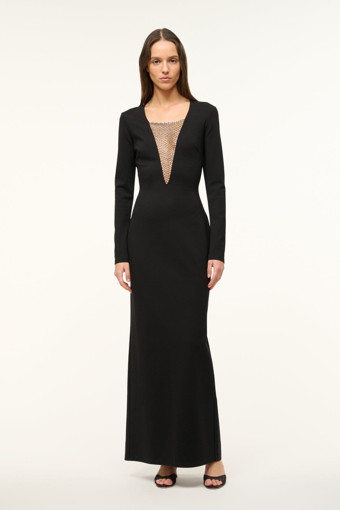 Black Kris Maxi Dress with Beaded V-Neck & Long Sleeves