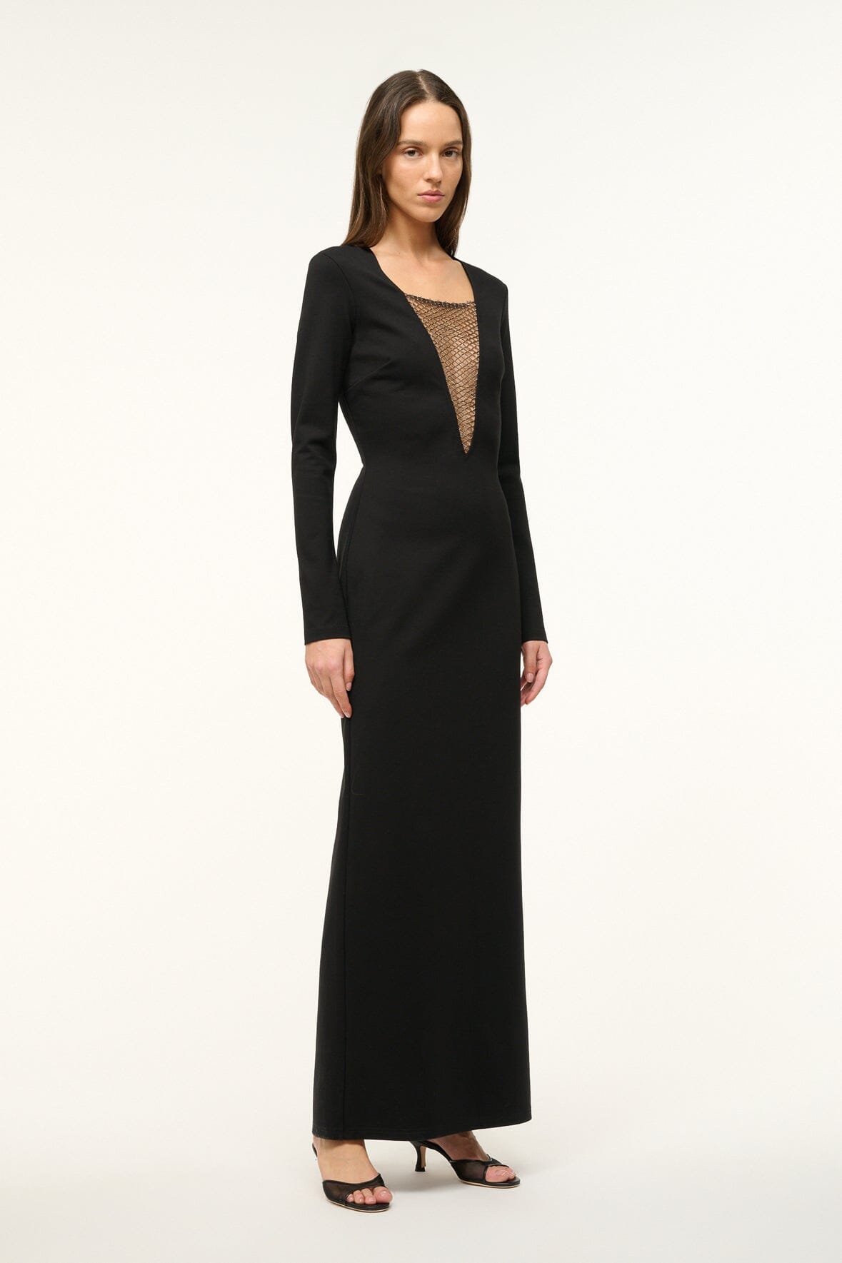 Black Kris Maxi Dress with Beaded V-Neck & Long Sleeves