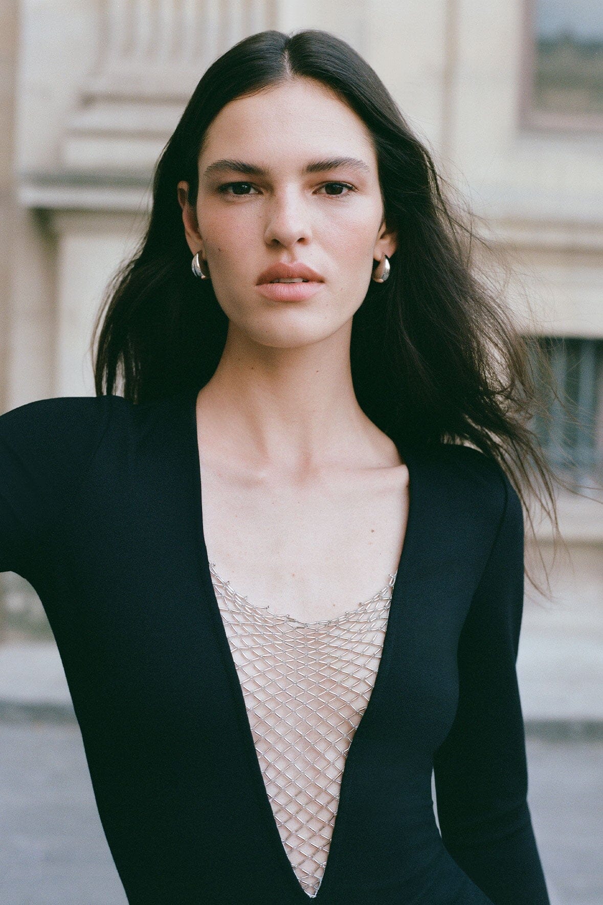 Black Kris Maxi Dress with Beaded V-Neck & Long Sleeves