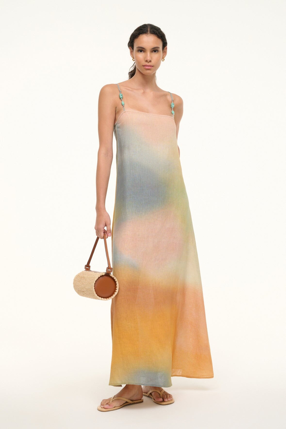 Laura Linen Maxi Dress with Beaded Straps - Pastel Clouds Print