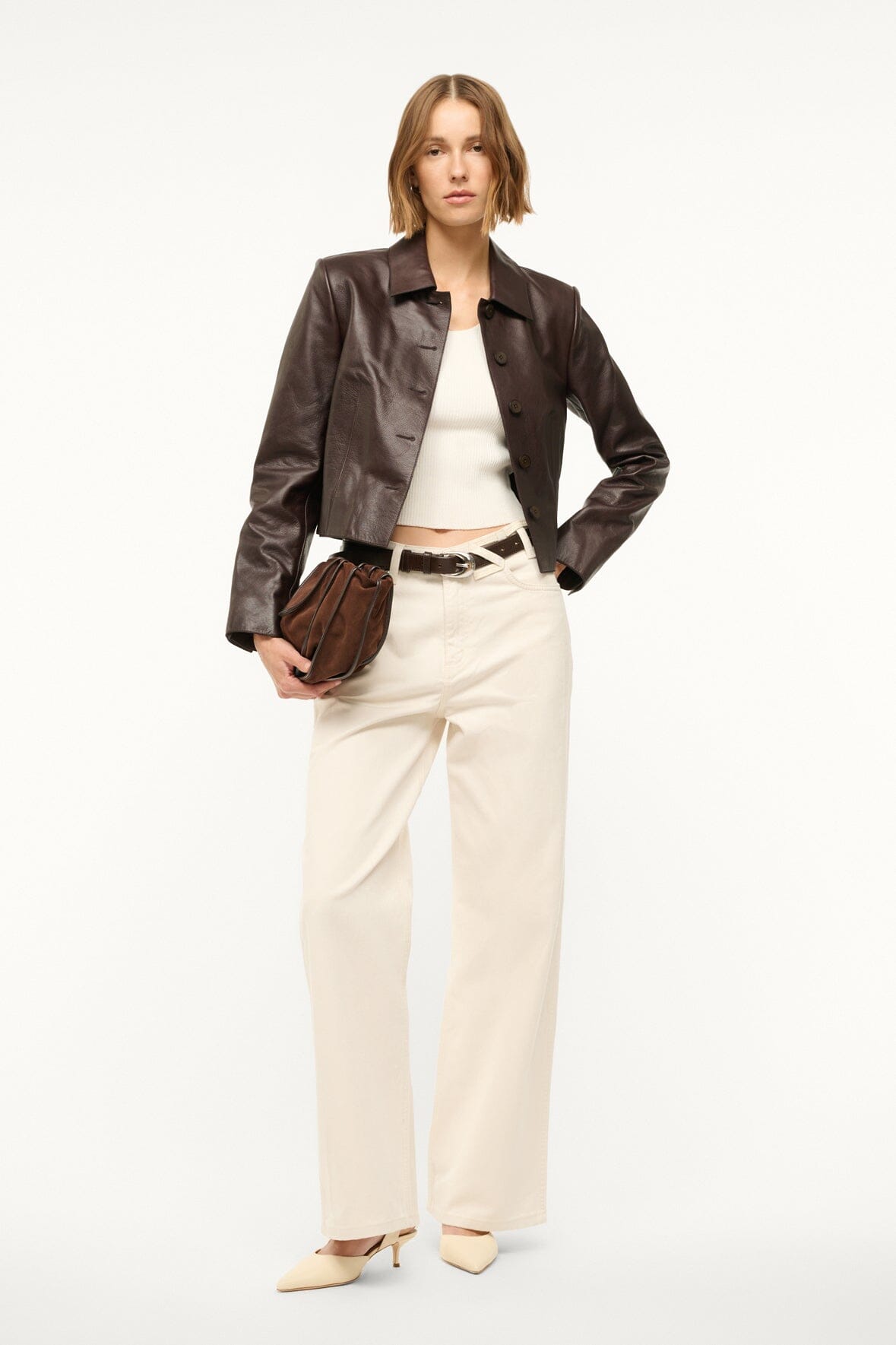 Women's Cropped Leather Jacket - Marino Tiramisu Calfskin Button Front