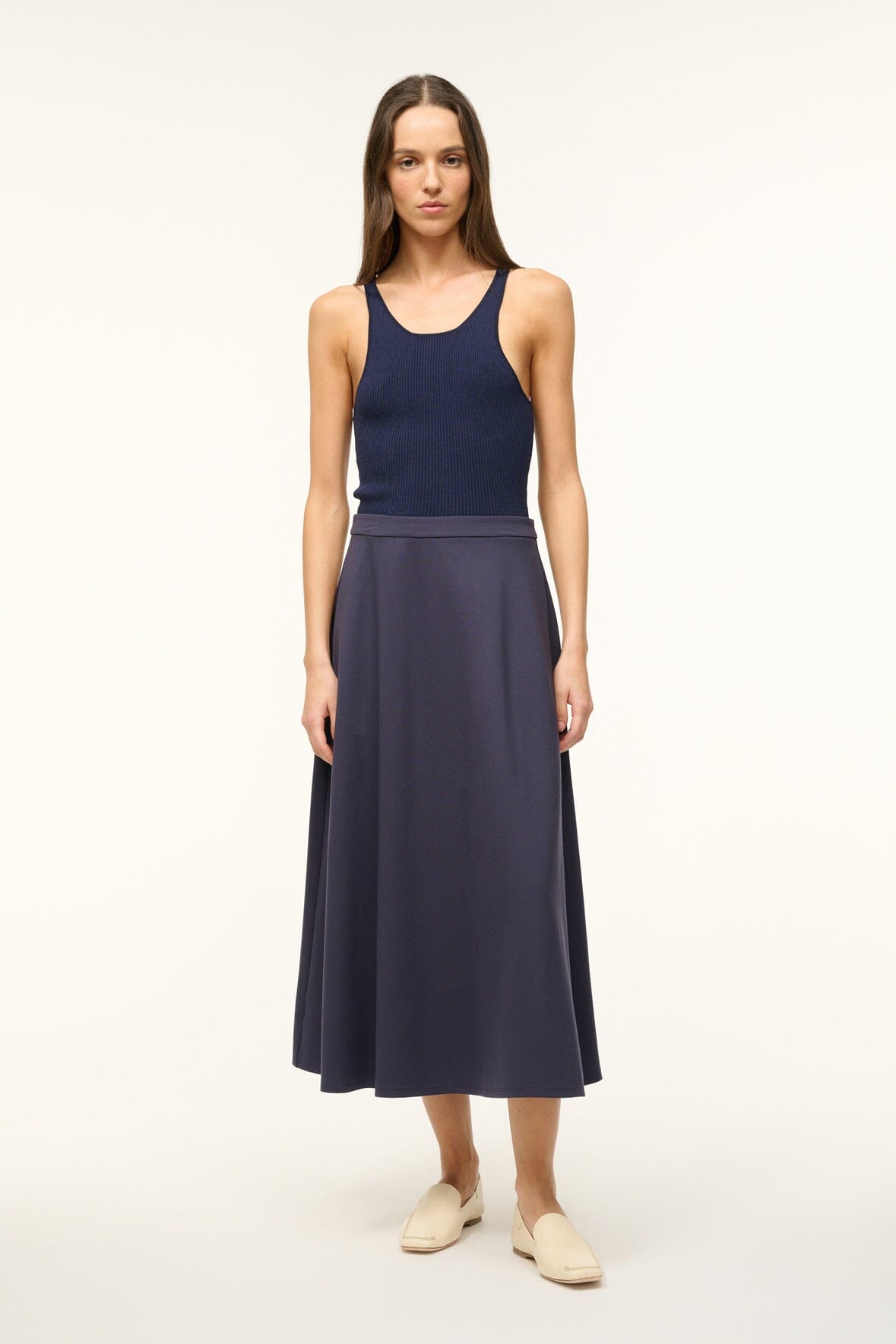 Navy High Rise Midi Skirt with Hidden Zipper - Lighthouse