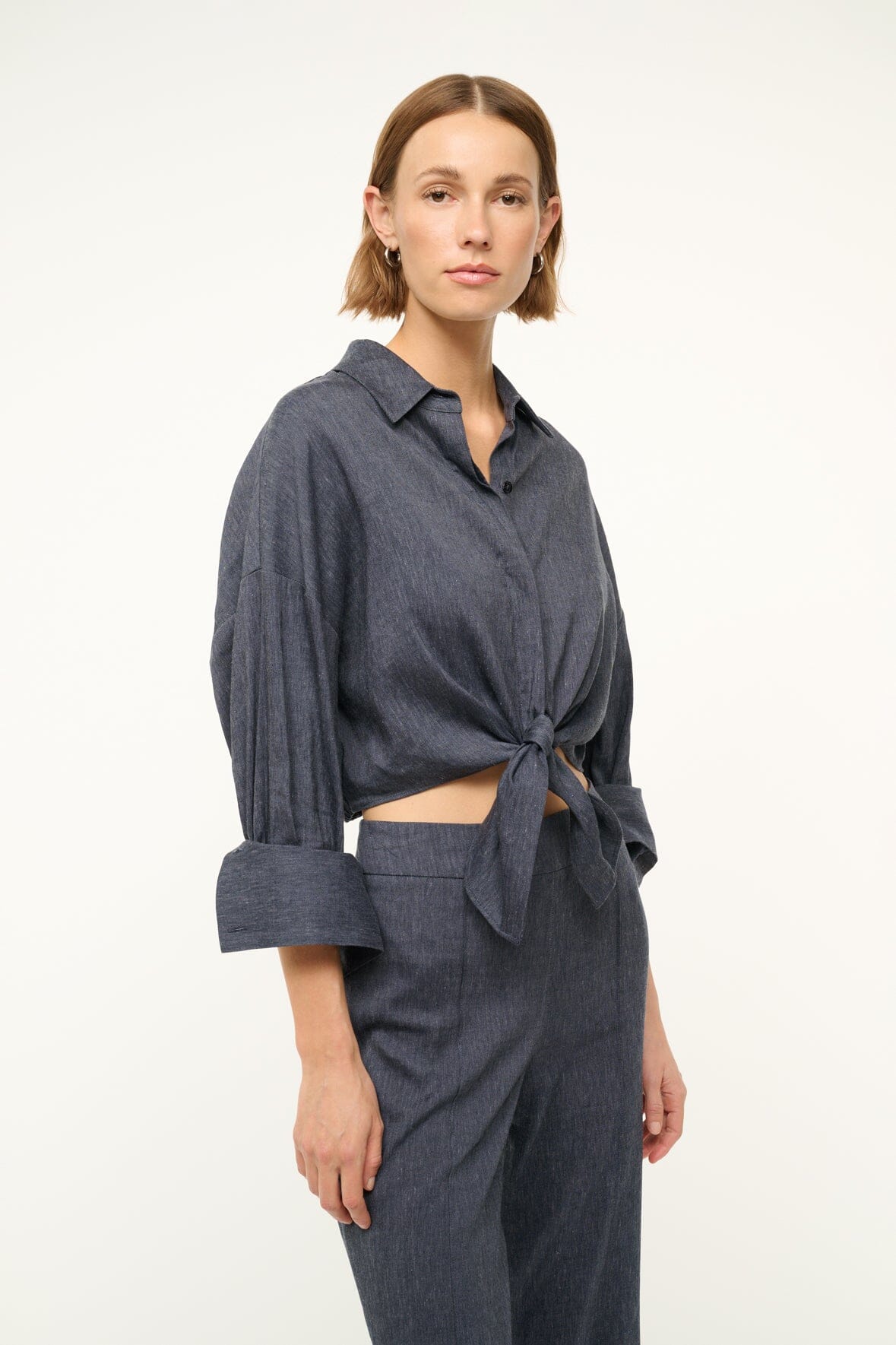 Lisa Linen Chambray Top - Cropped Button Down Shirt with Tie Detail