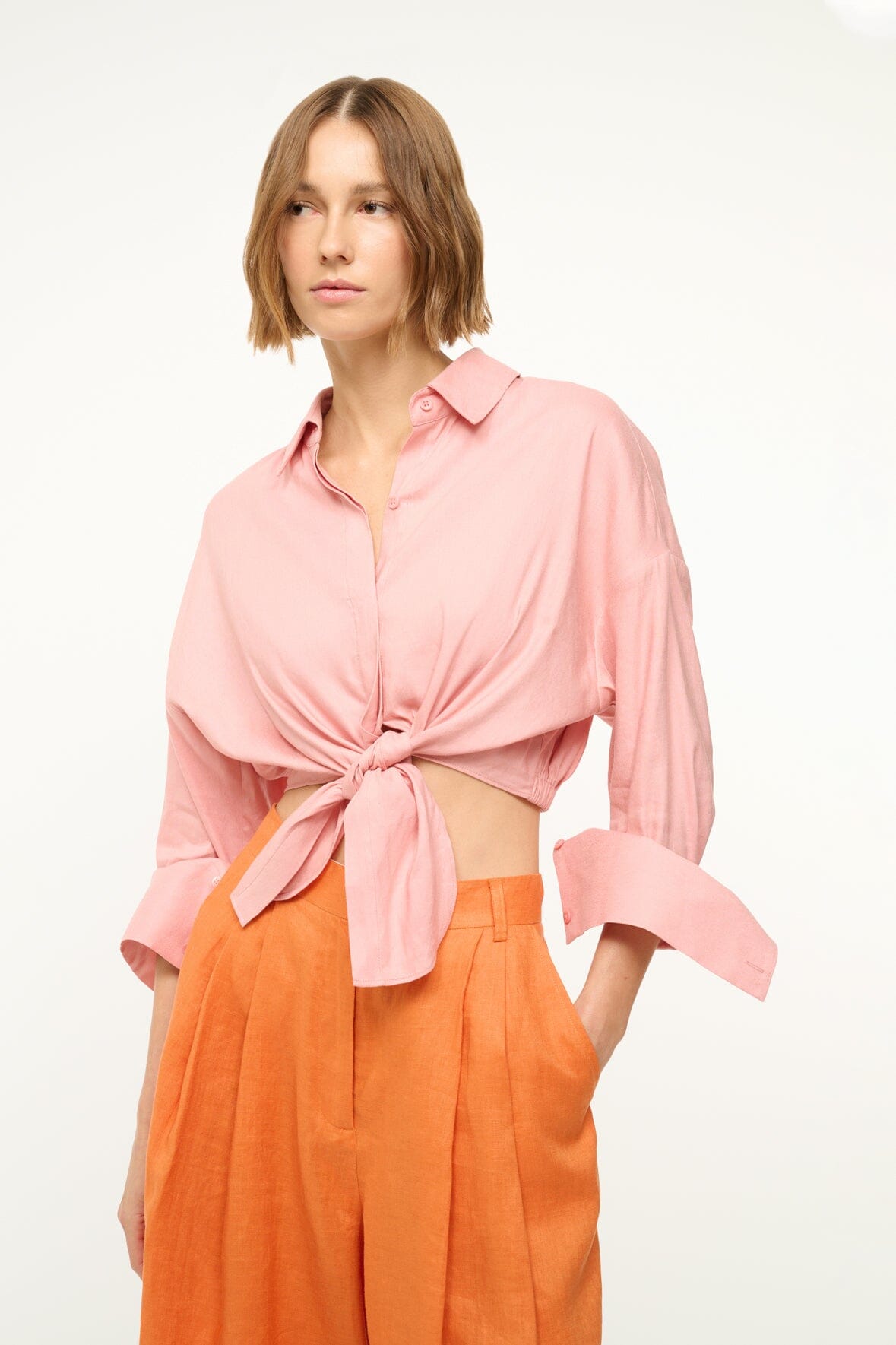Lisa Linen Cropped Button-Down Top with Tie Detail - Faded Blush