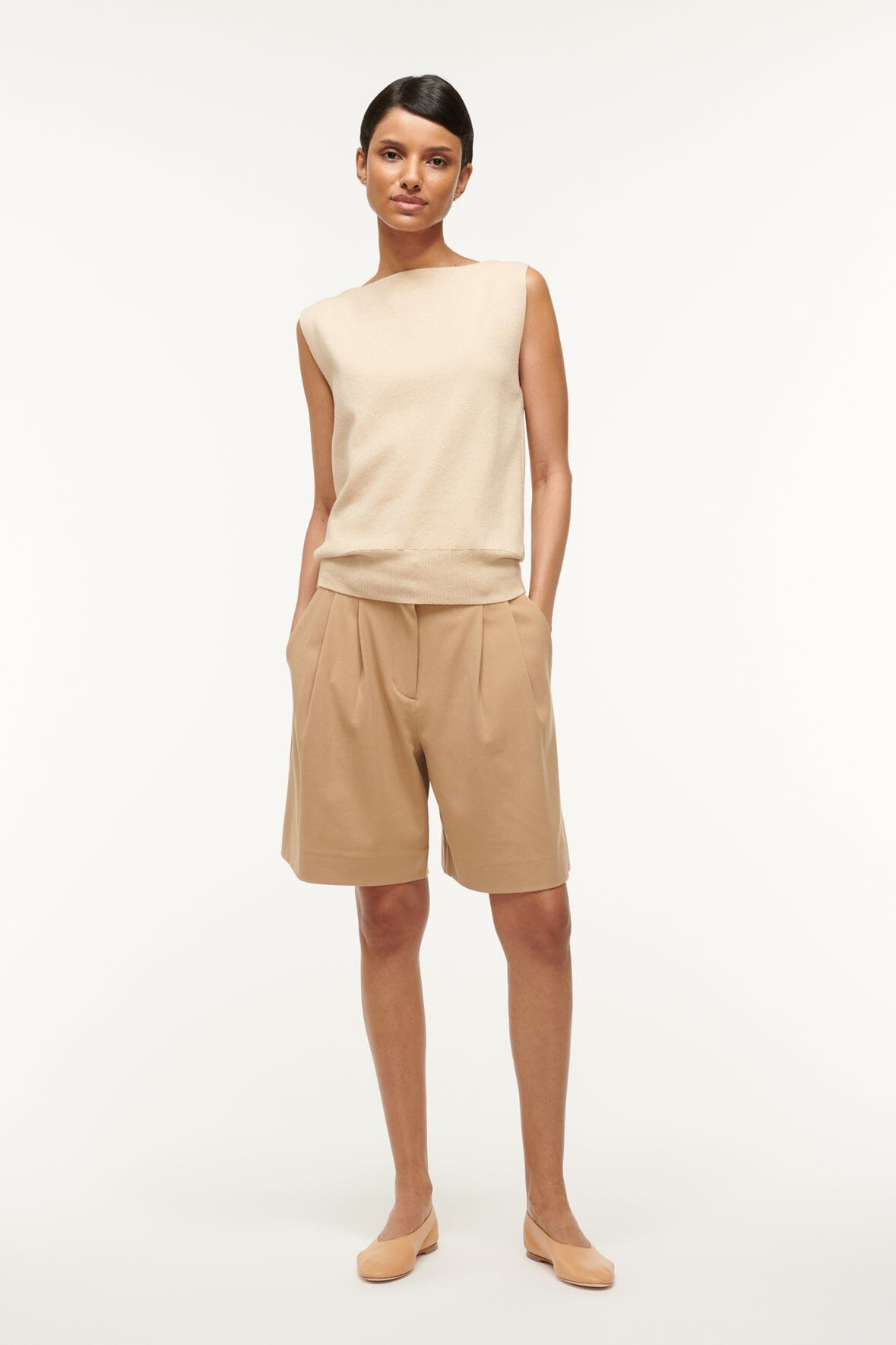 Luisa High-Waisted Pleated Shorts in Camel Suiting Fabric
