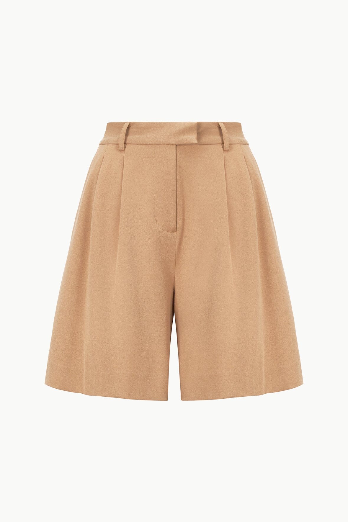 Luisa High-Waisted Pleated Shorts in Camel Suiting Fabric