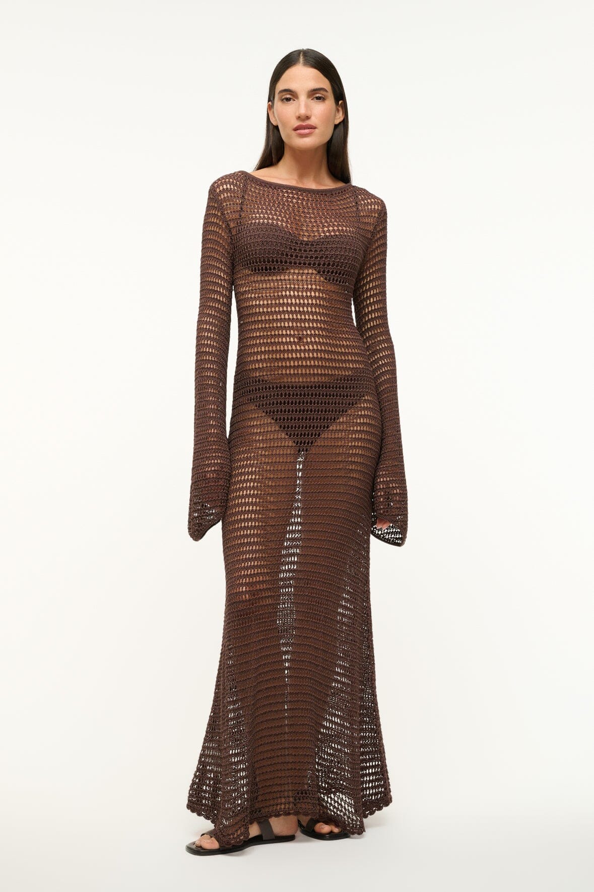 LORENA Crochet Maxi Dress with Bell Sleeves & Open Back - Dark Chocolate