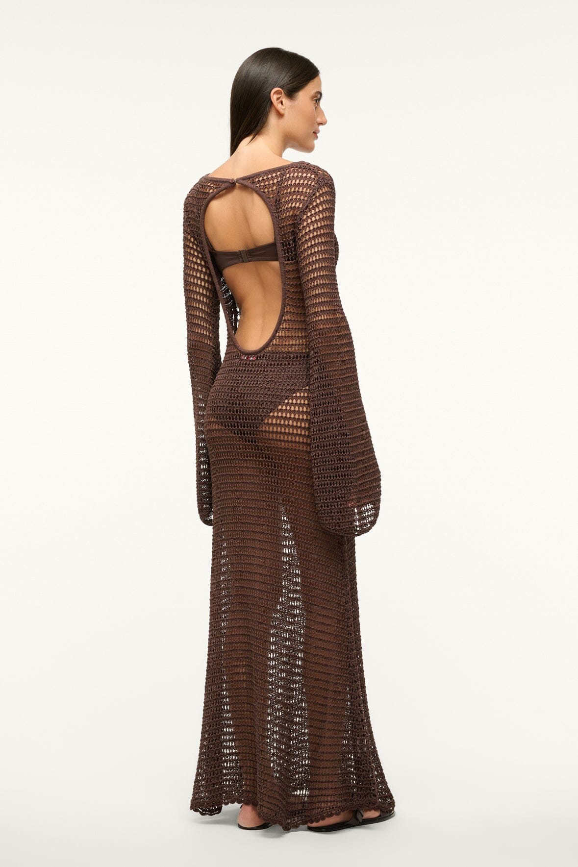 LORENA Crochet Maxi Dress with Bell Sleeves & Open Back - Dark Chocolate