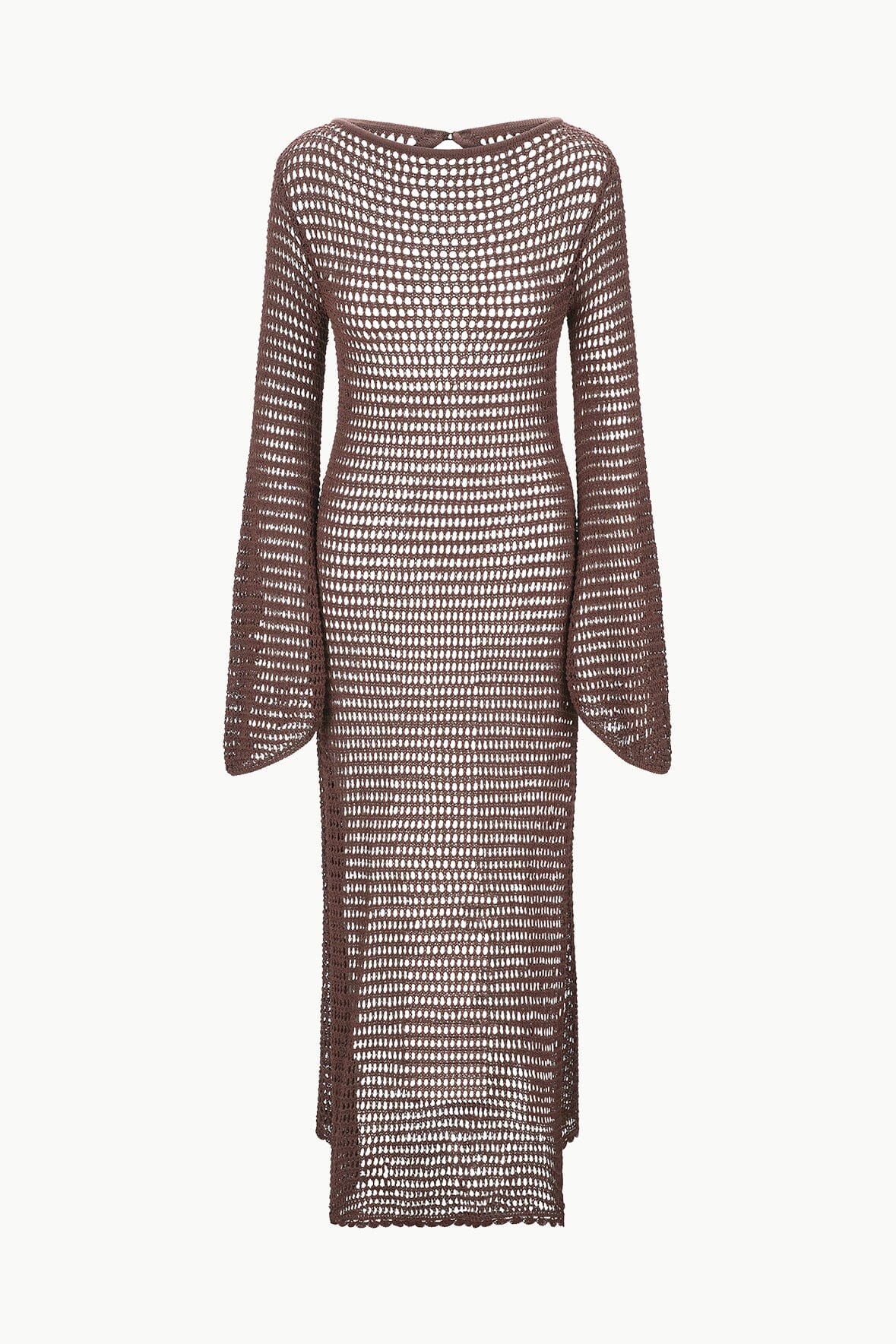LORENA Crochet Maxi Dress with Bell Sleeves & Open Back - Dark Chocolate