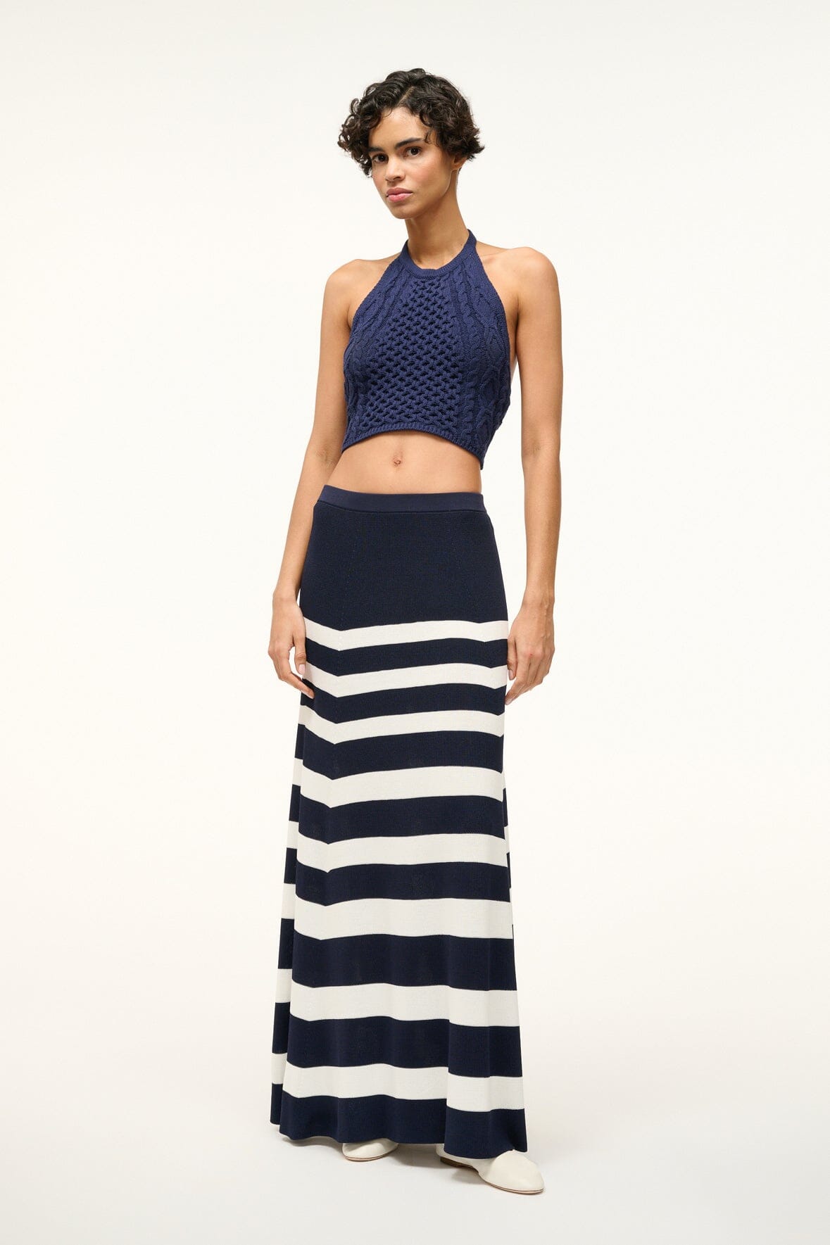 Lori Navy Cable Knit Halter Top with Adjustable Back Tie