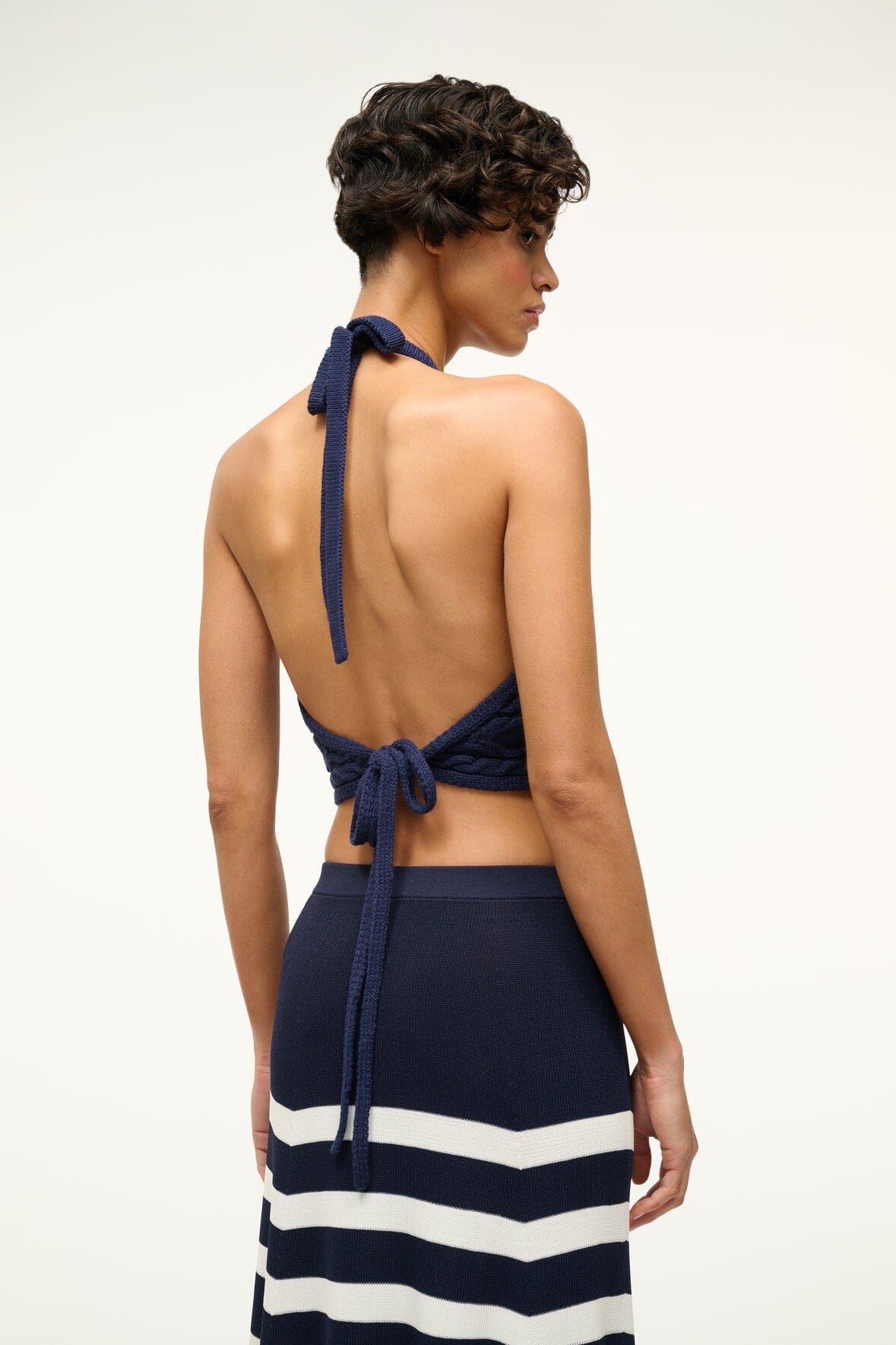 Lori Navy Cable Knit Halter Top with Adjustable Back Tie