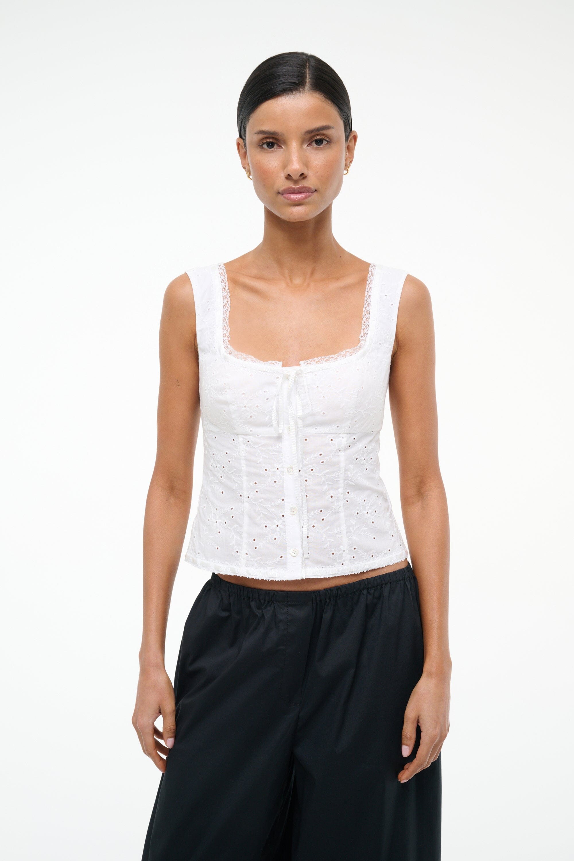 Lou White Eyelet Cotton Top with Corset Seaming & Lace Trim