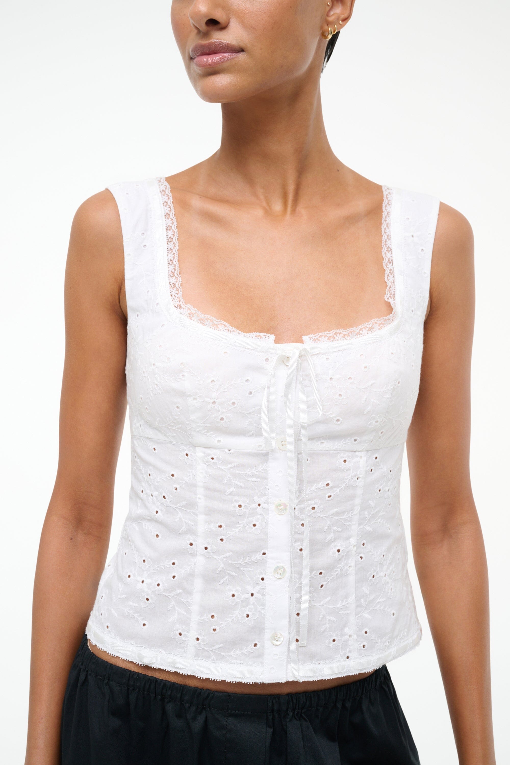 Lou White Eyelet Cotton Top with Corset Seaming & Lace Trim