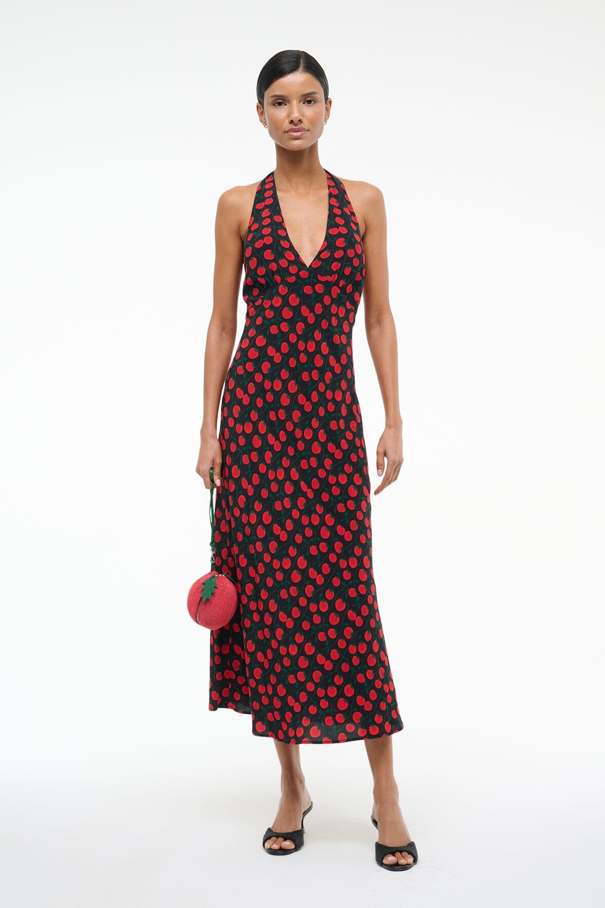 Lucca Black Tomato Print Halter Dress for Summer