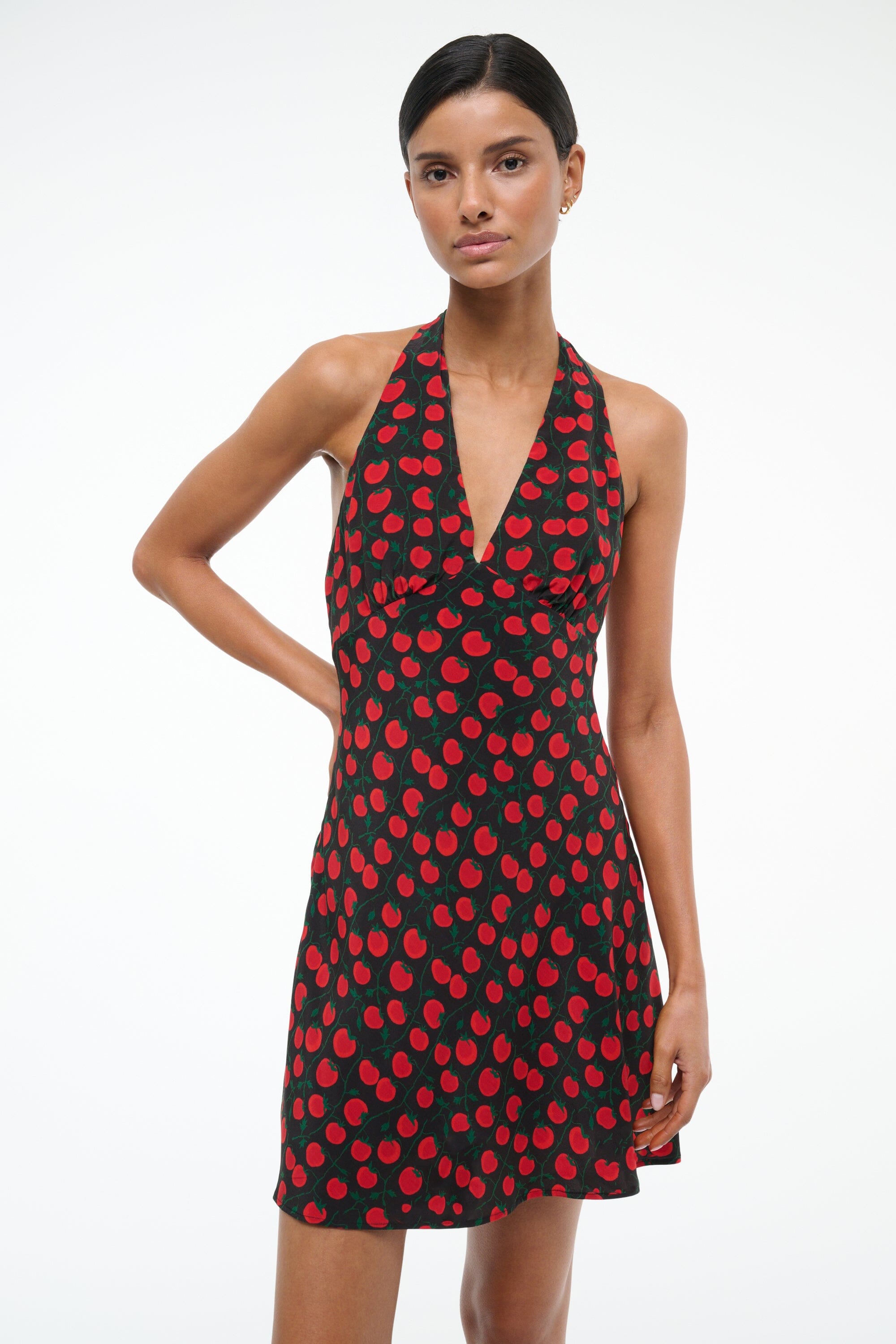 Lucca Black Tomato Print Halter Mini Dress for Summer