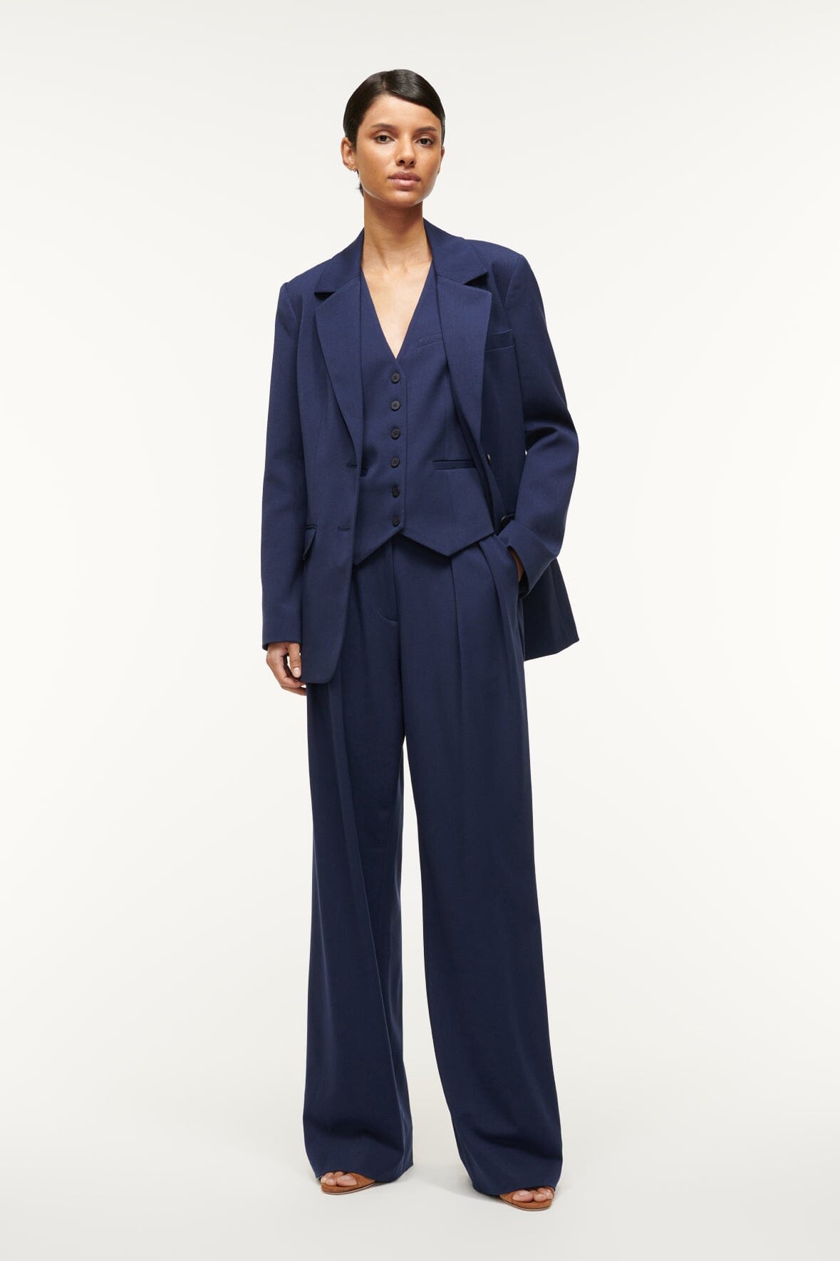 Luisa Navy Wide Leg Pleated Trousers with Pockets