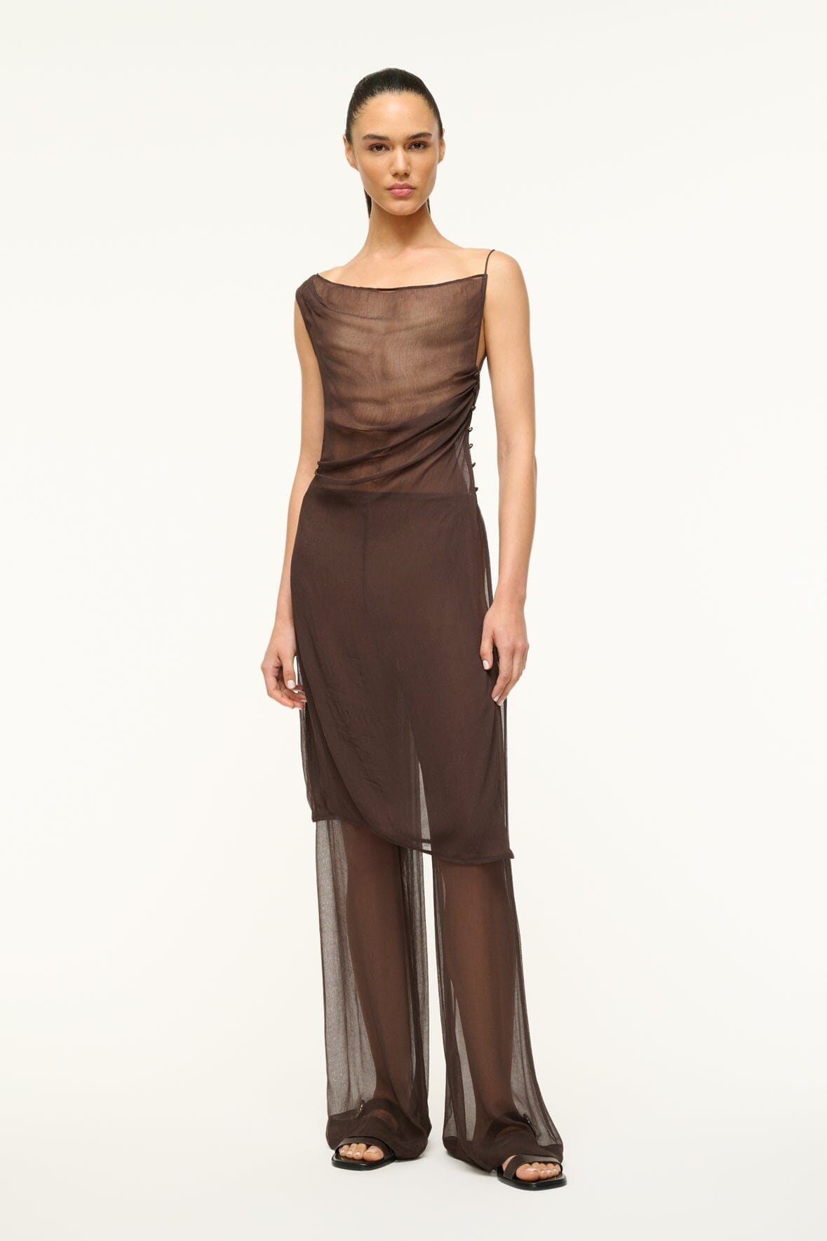 Luke Crinkle Chiffon Pull-On Pants in Dark Chocolate