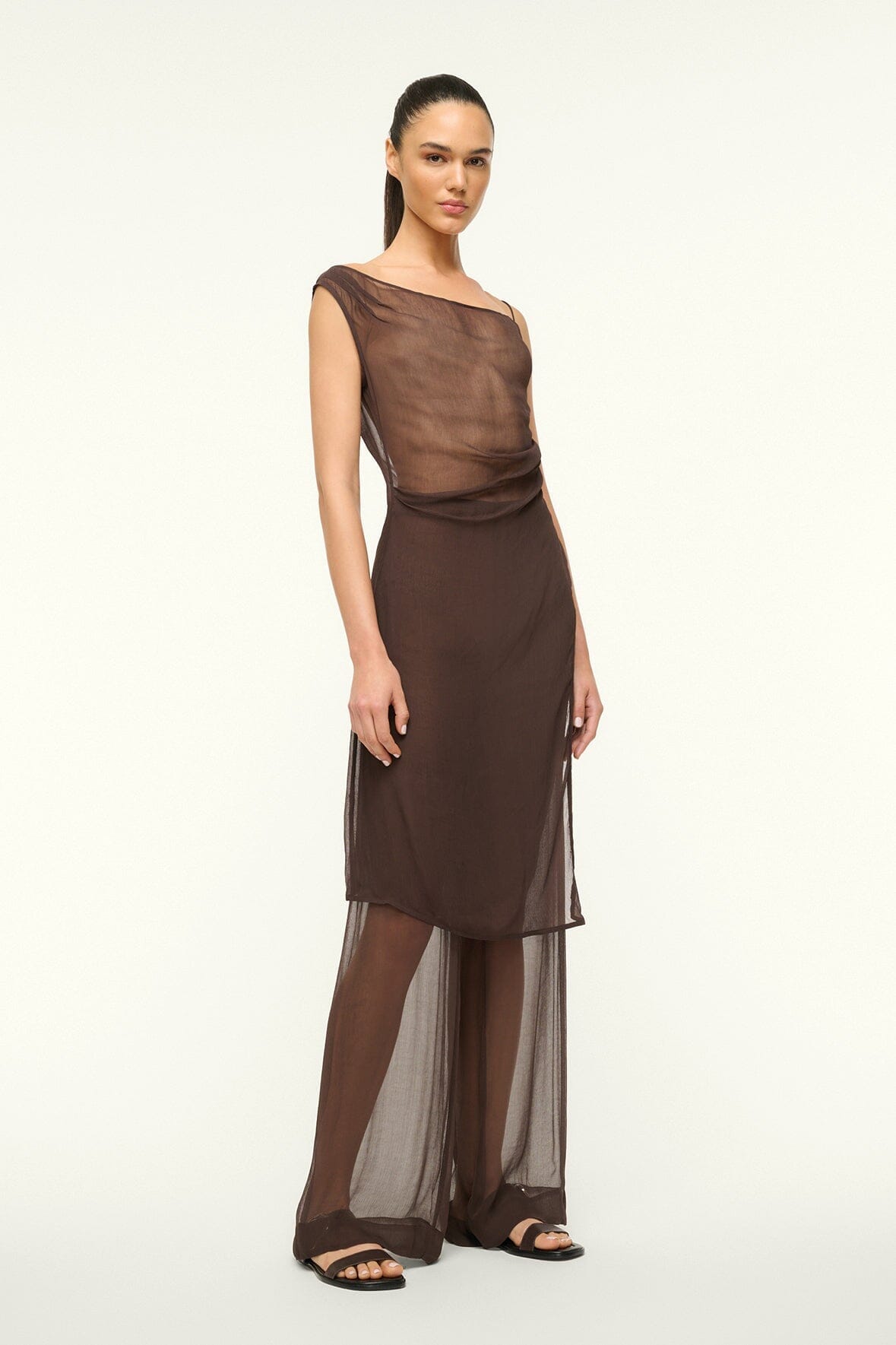 Luke Crinkle Chiffon Pull-On Pants in Dark Chocolate