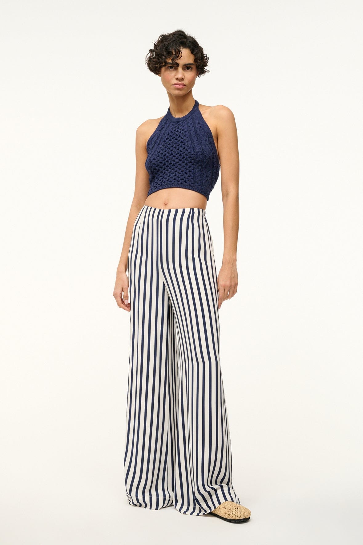Luke White Navy Striped Relaxed Wide Leg Pants with Elastic Waist