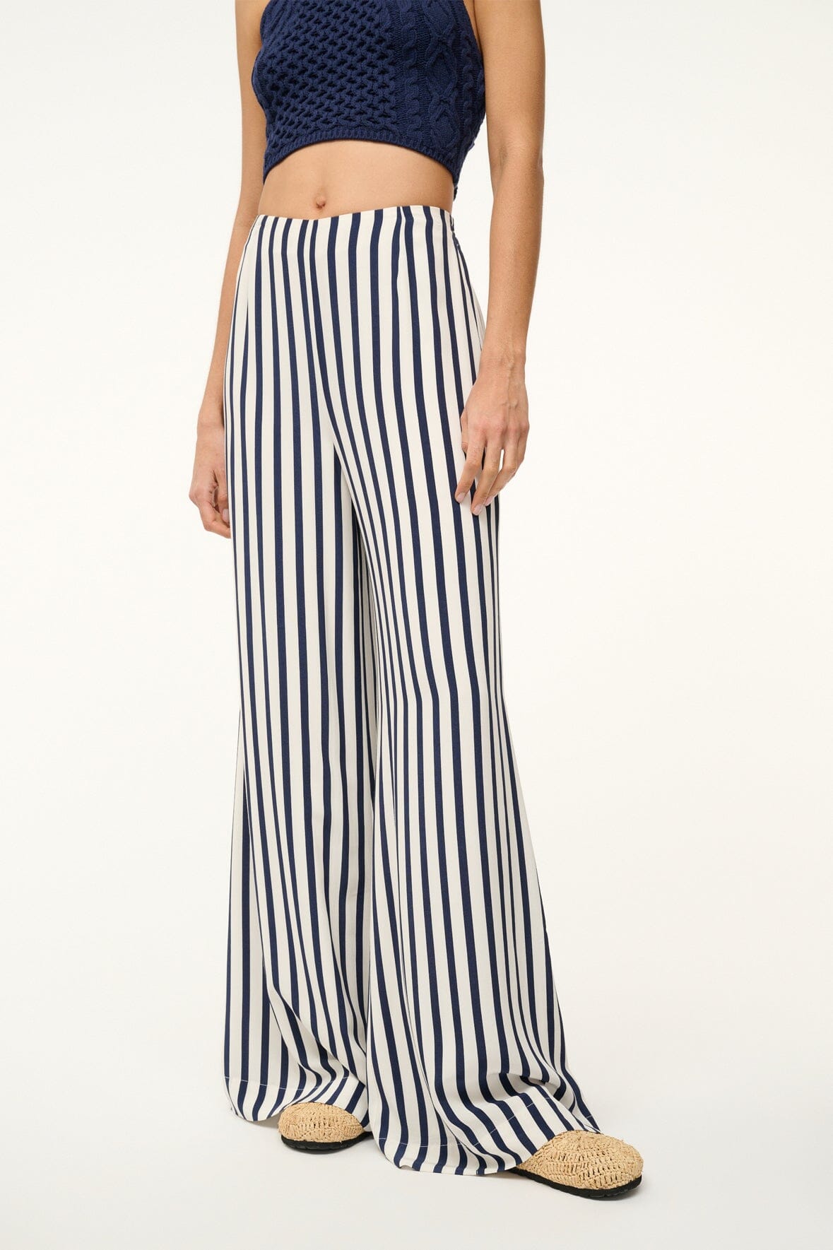 Luke White Navy Striped Relaxed Wide Leg Pants with Elastic Waist