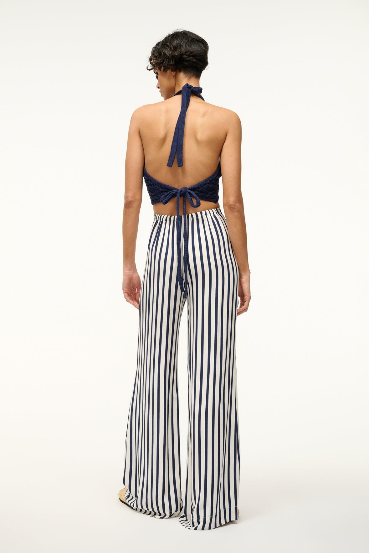 Luke White Navy Striped Relaxed Wide Leg Pants with Elastic Waist