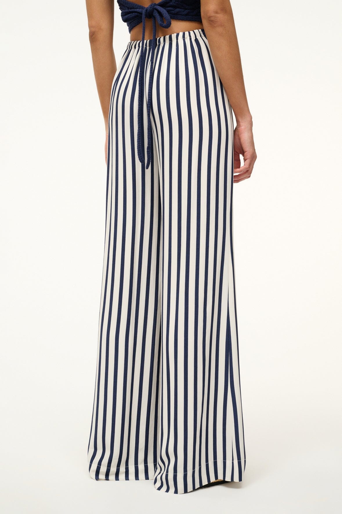 Luke White Navy Striped Relaxed Wide Leg Pants with Elastic Waist