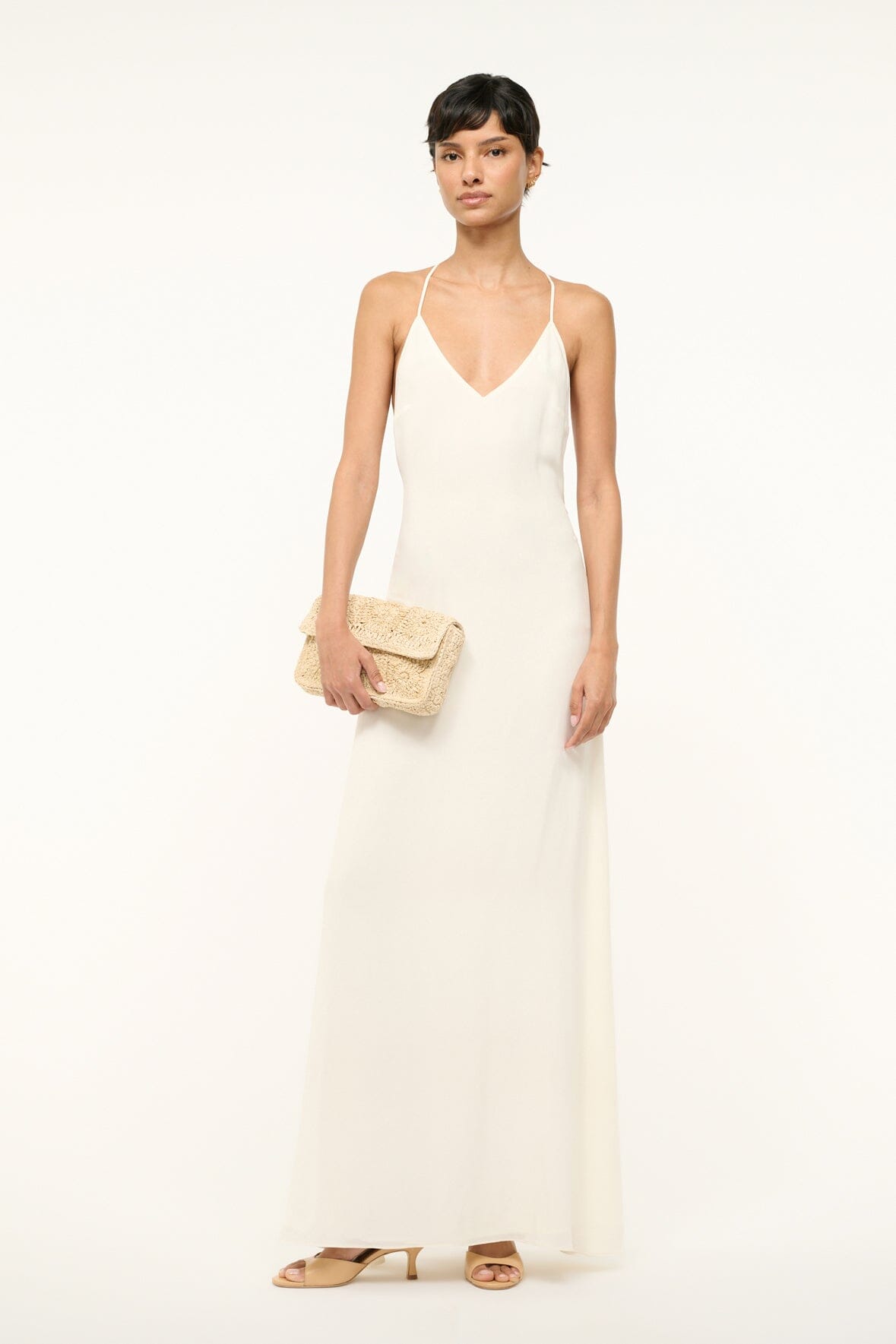 Machu Silk Maxi Dress with V-Neck & Halter Drape - Ivory