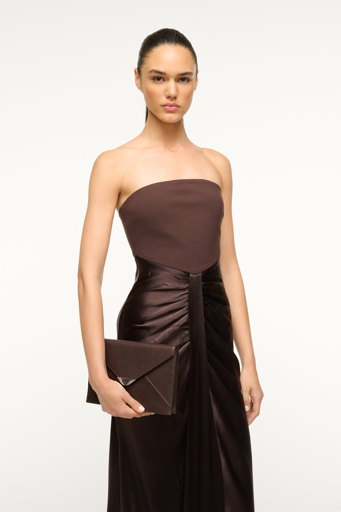 Marcella Espresso Leather Evening Clutch with Removable Strap