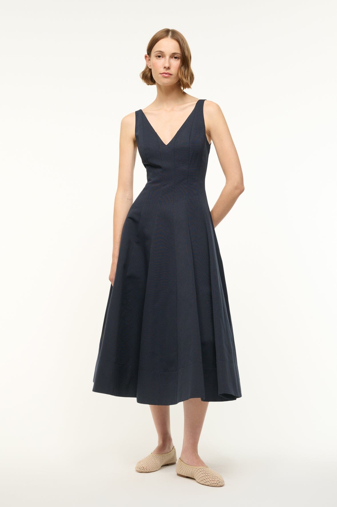 Marieta Navy V-Neck Grosgrain Dress