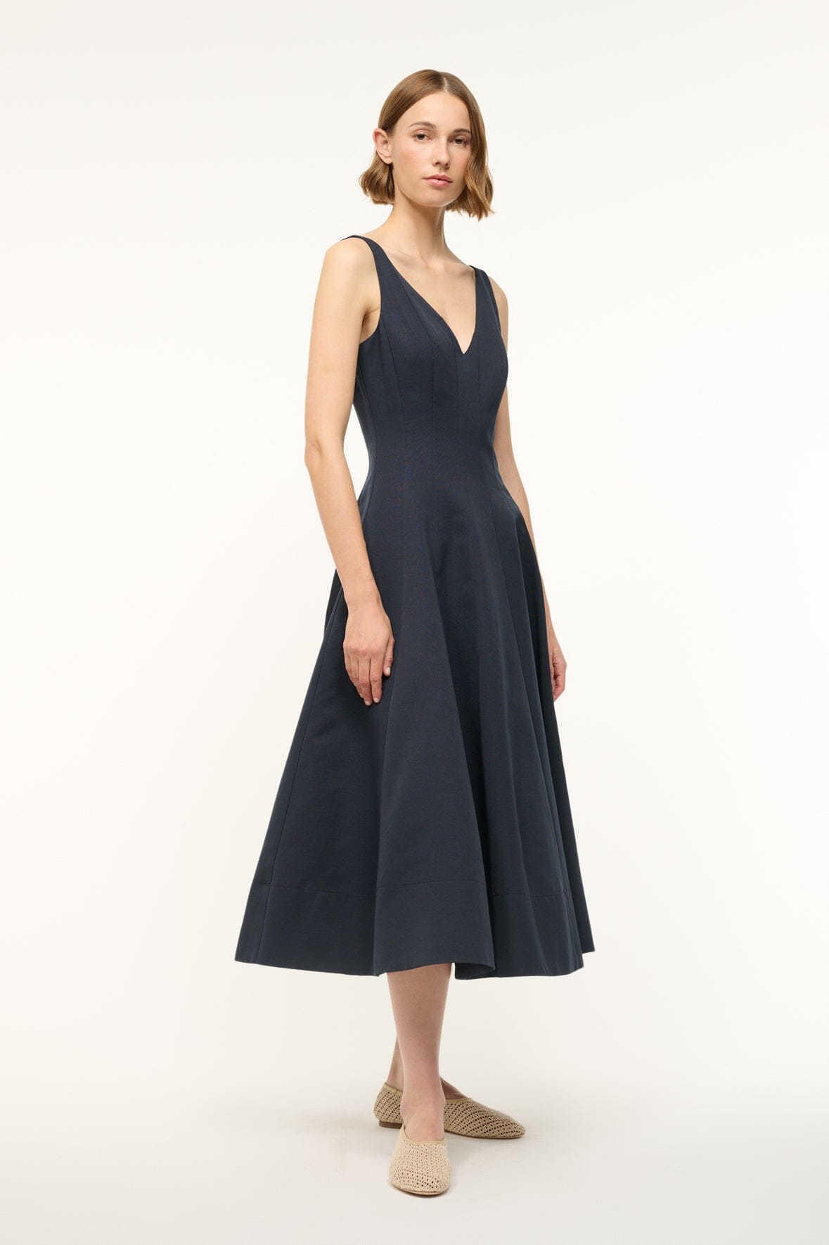 Marieta Navy V-Neck Grosgrain Dress