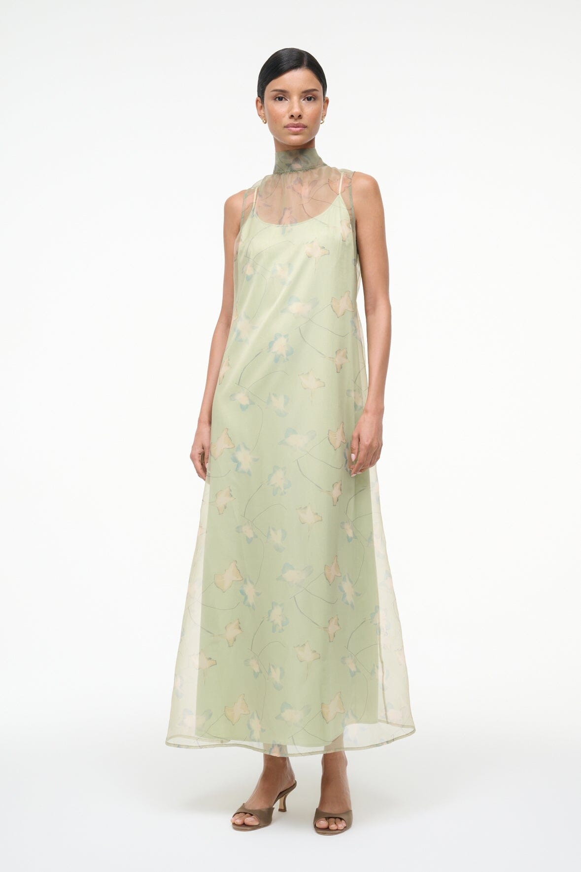 Albee Botanical Moss Organza Sleeveless Dress with Back Tie