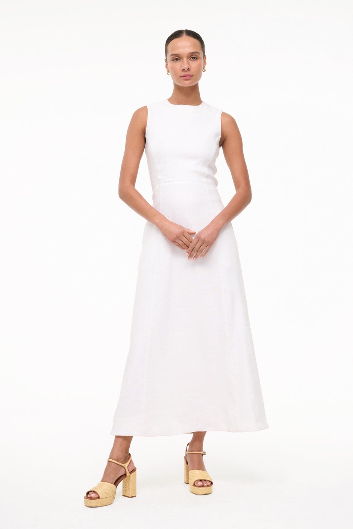Martine White Linen Summer Dress with A-Line Skirt