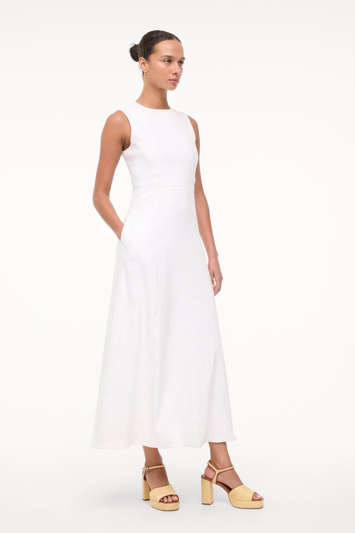 Martine White Linen Summer Dress with A-Line Skirt