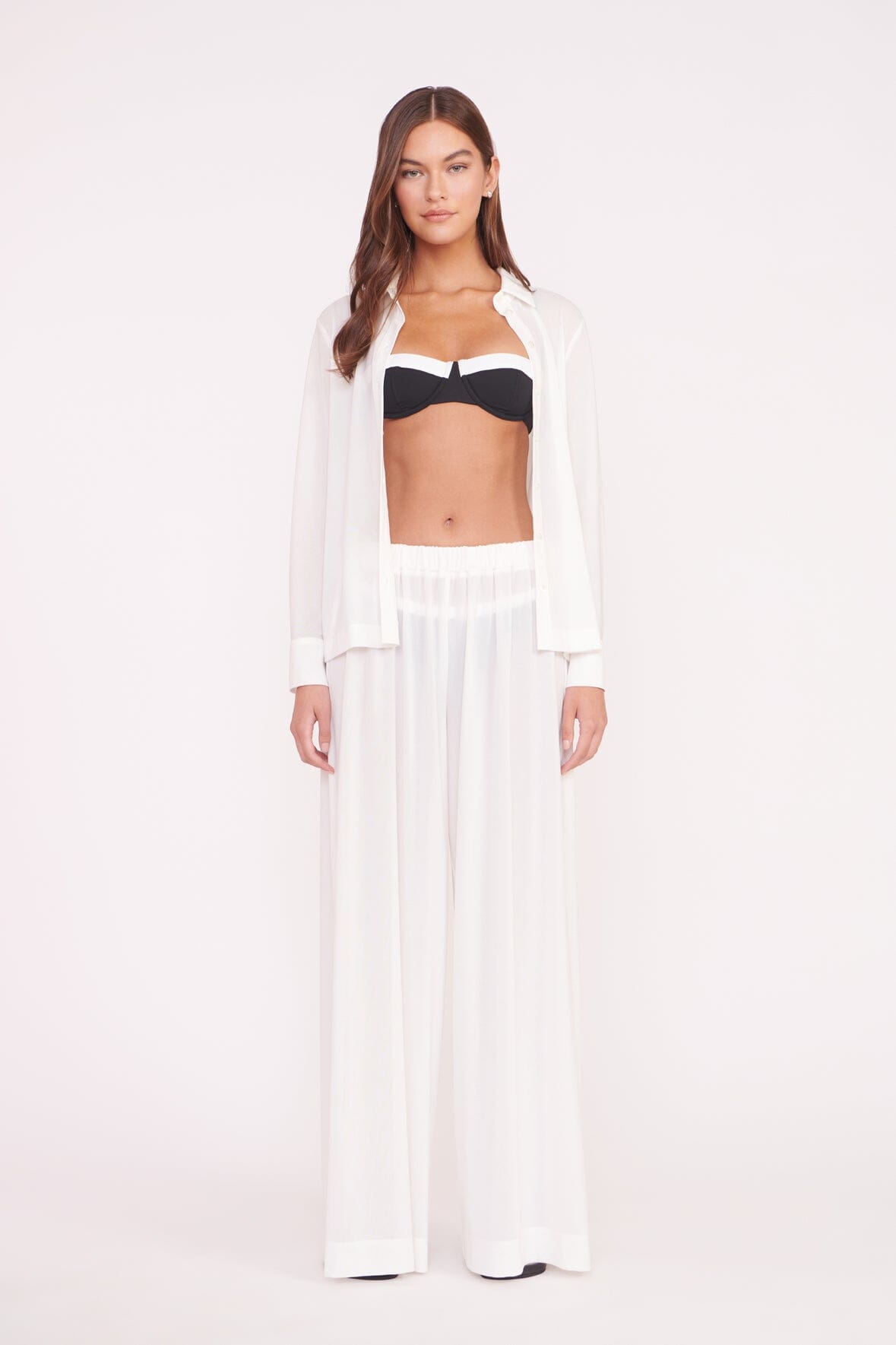 Marza White Flowy Swim Coverup Pants with Elastic Waist