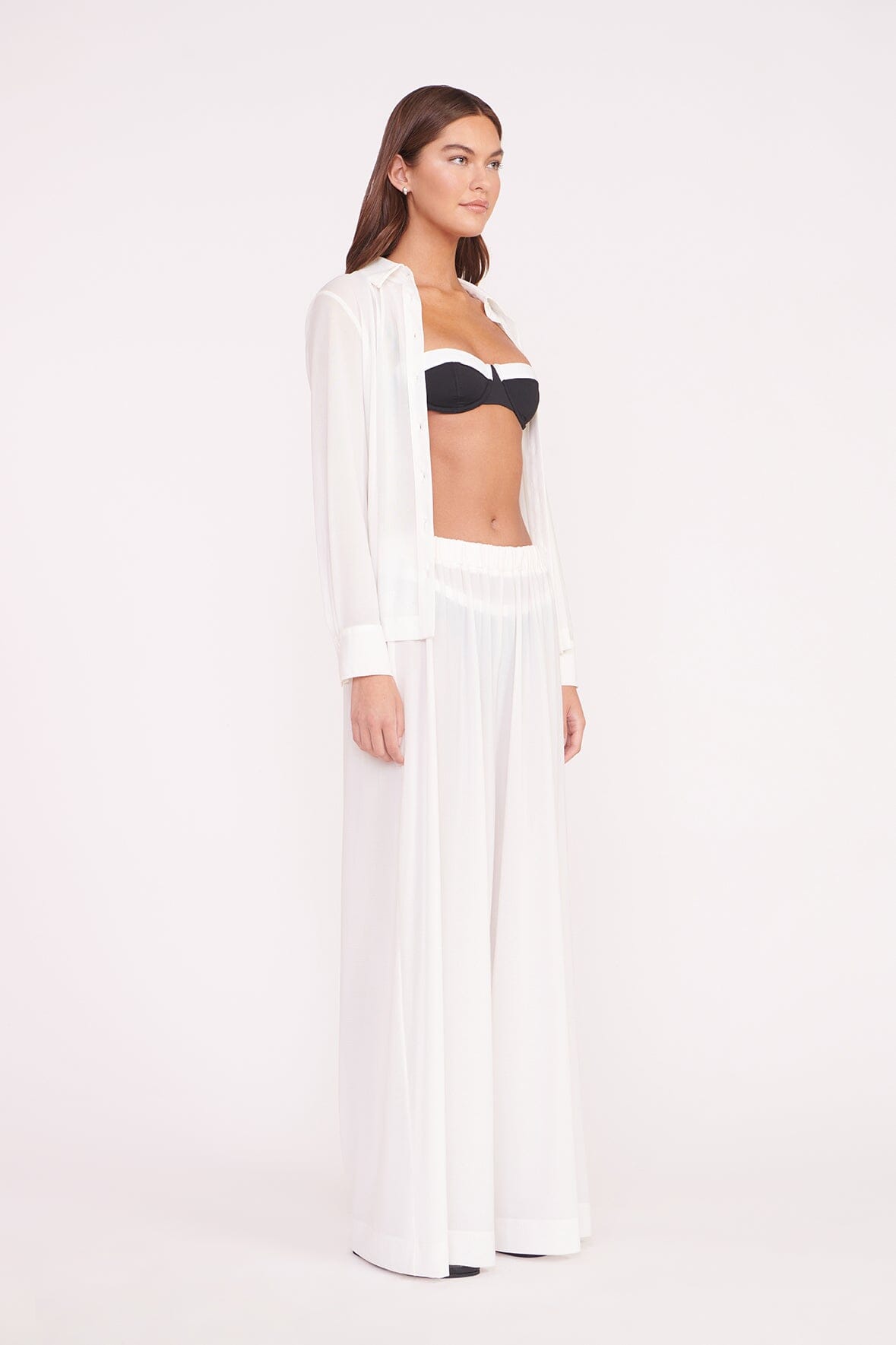 Marza White Flowy Swim Coverup Pants with Elastic Waist