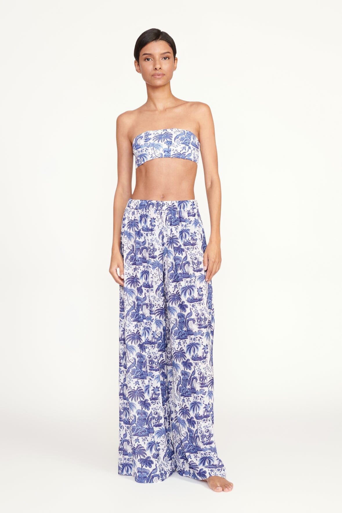Marza Blue Toile Flowy Swim Coverup Pants – Elastic Waist Stretch Mesh