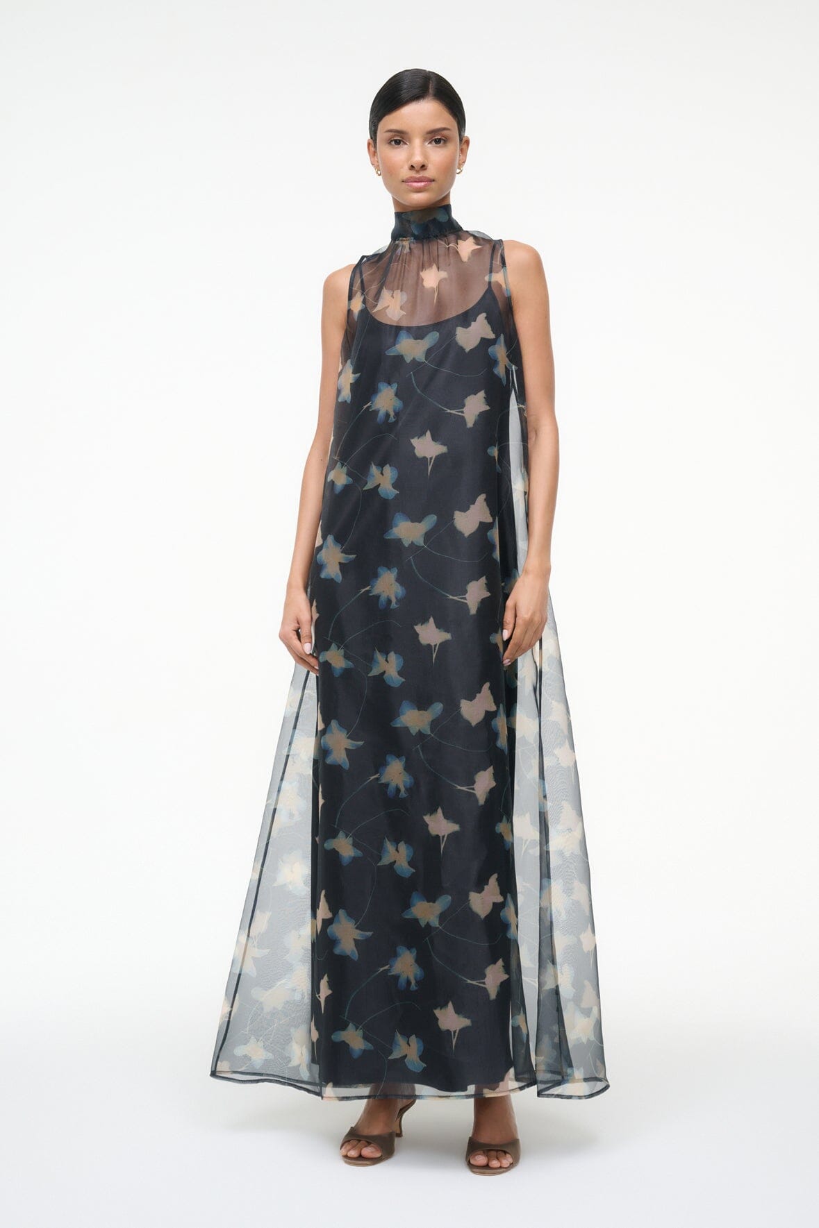 Albee Organza Sleeveless Dress with High Neck & Back Tie