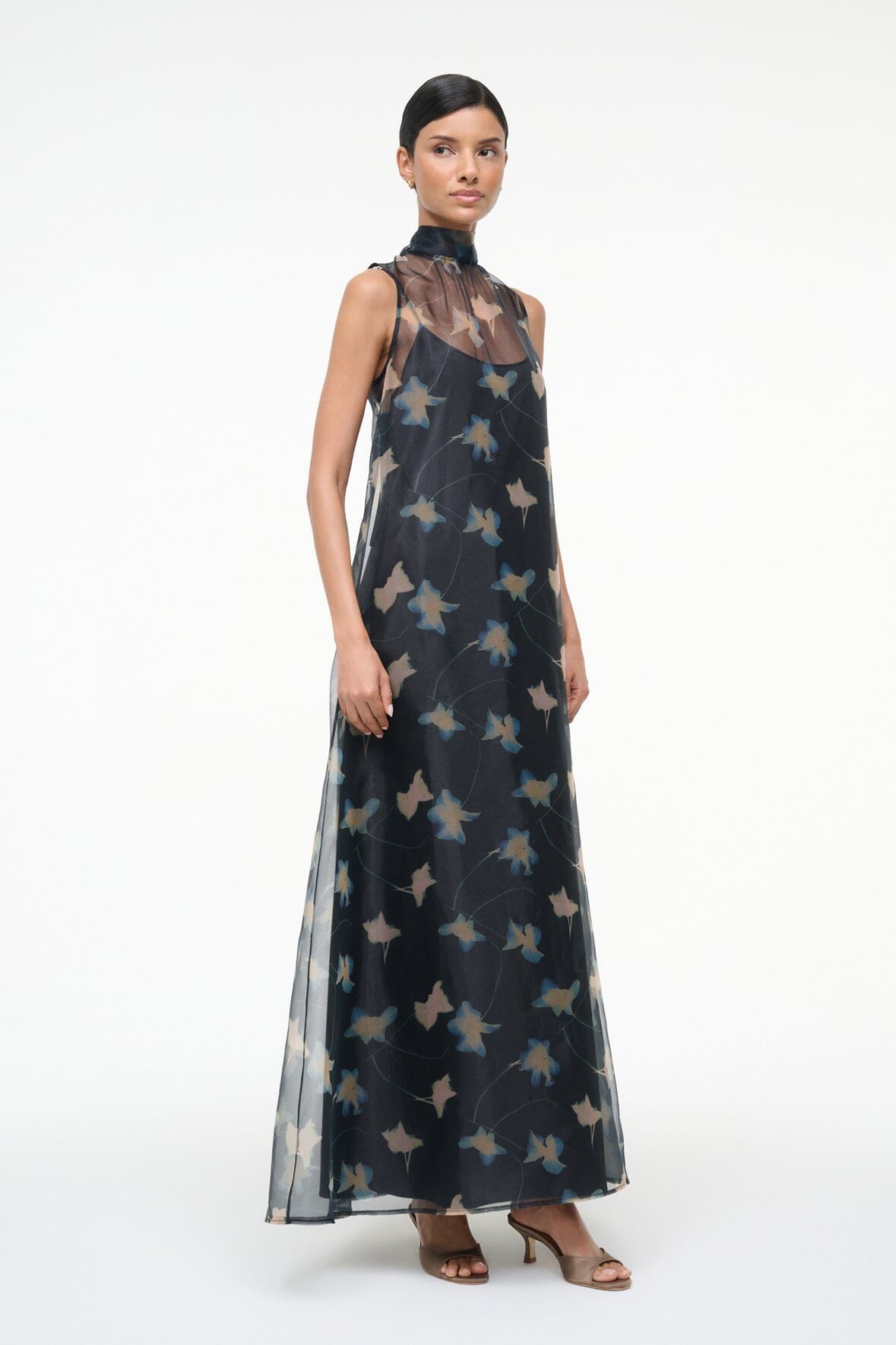 Albee Organza Sleeveless Dress with High Neck & Back Tie