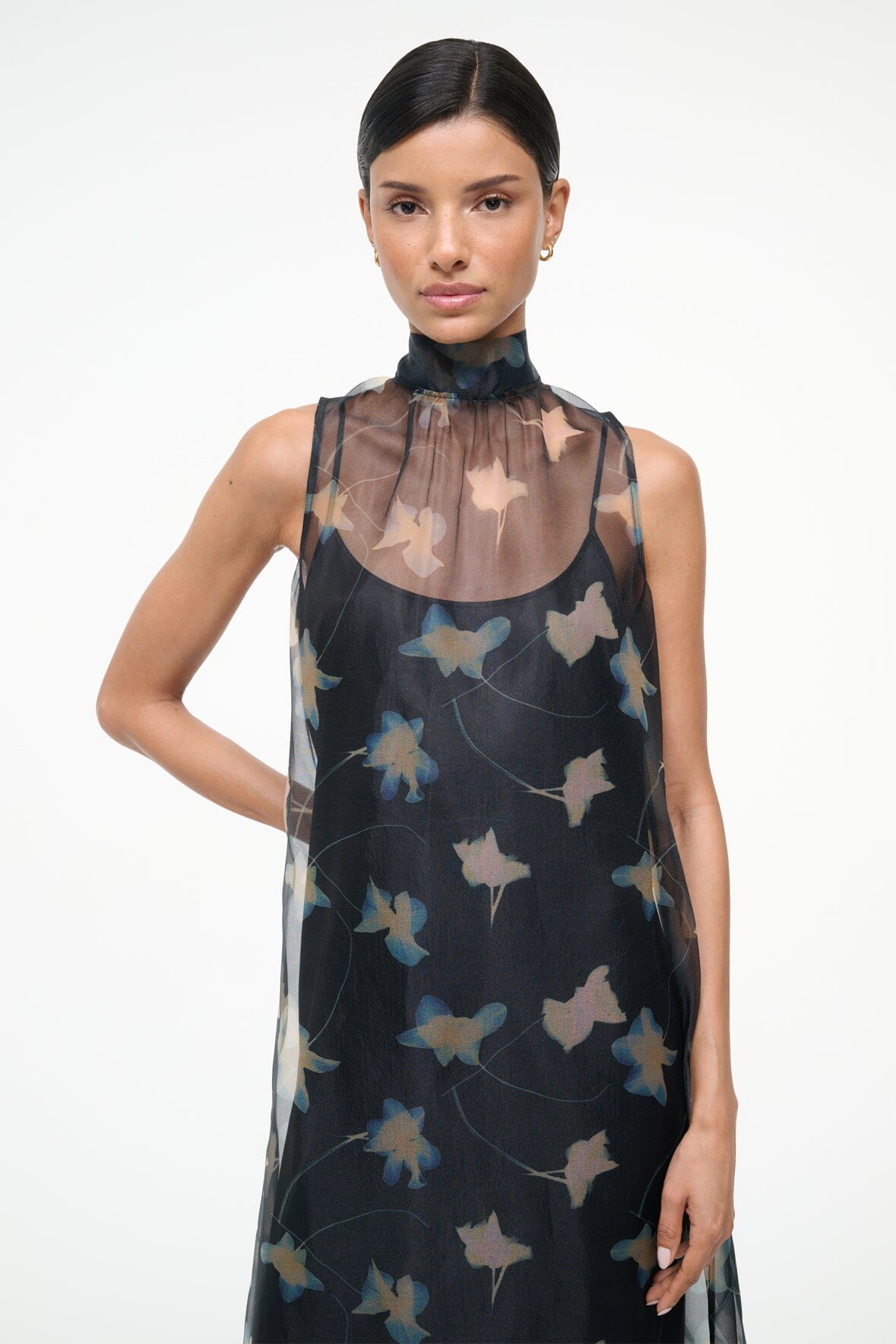 Albee Organza Sleeveless Dress with High Neck & Back Tie